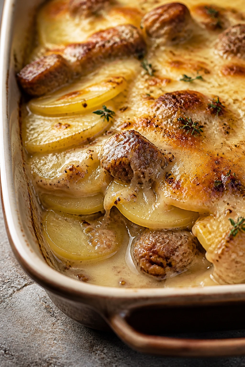 Sausage potato gratin with mustard cream in baking dish.
