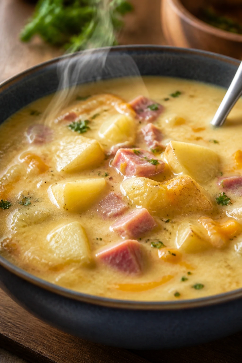 Creamy Potato and Ham Soup in a deep bowl with potato chunks and ham