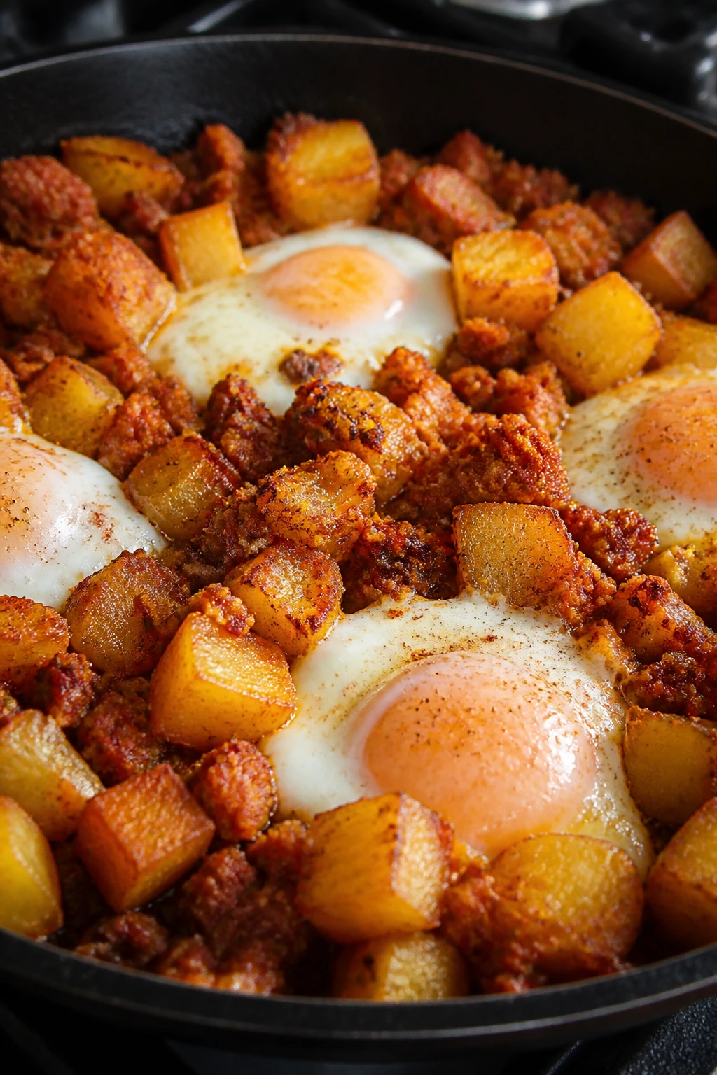 Close-up of crispy potato chorizo hash with eggs on top in a skillet
