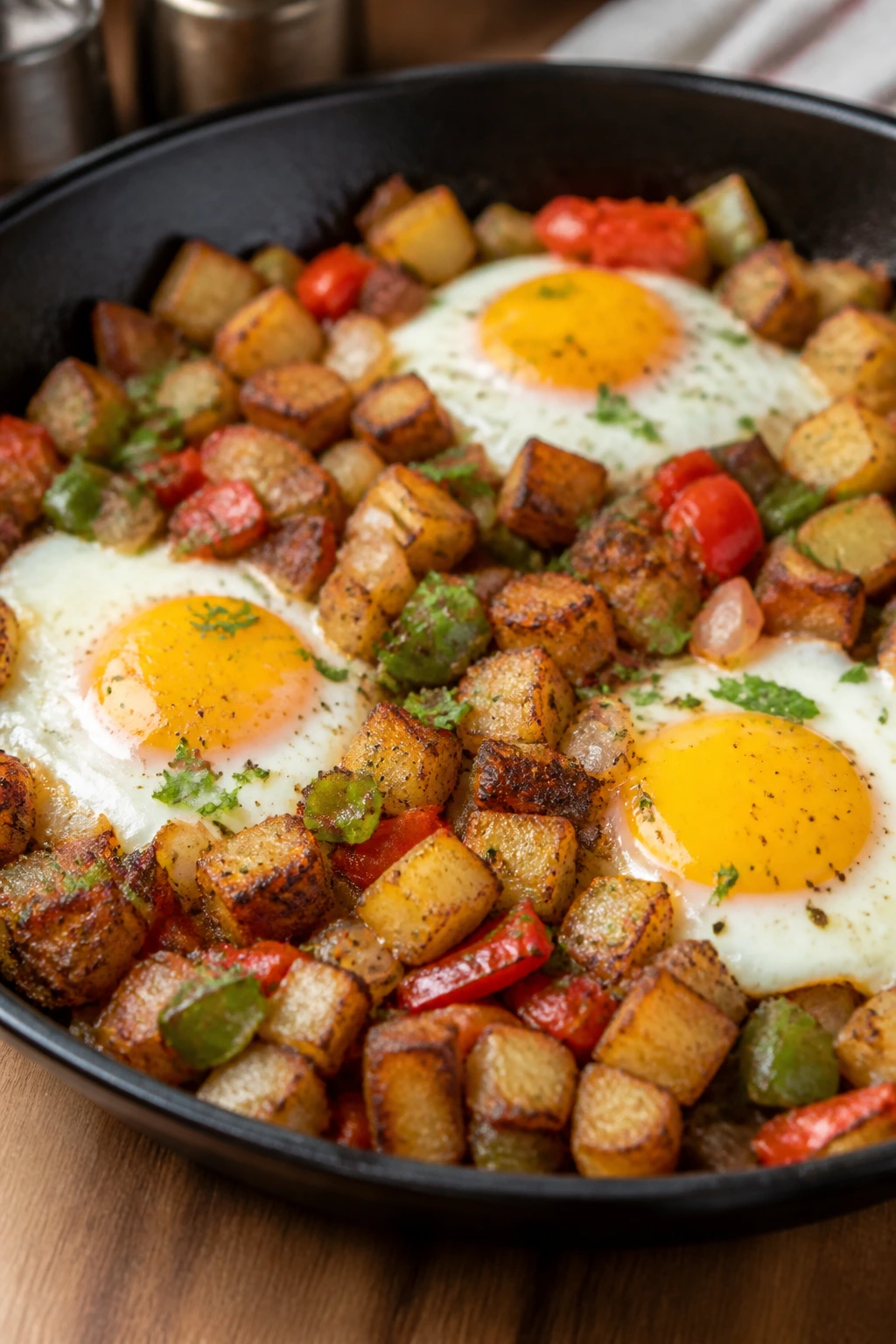Crispy potato hash with eggs in a skillet
