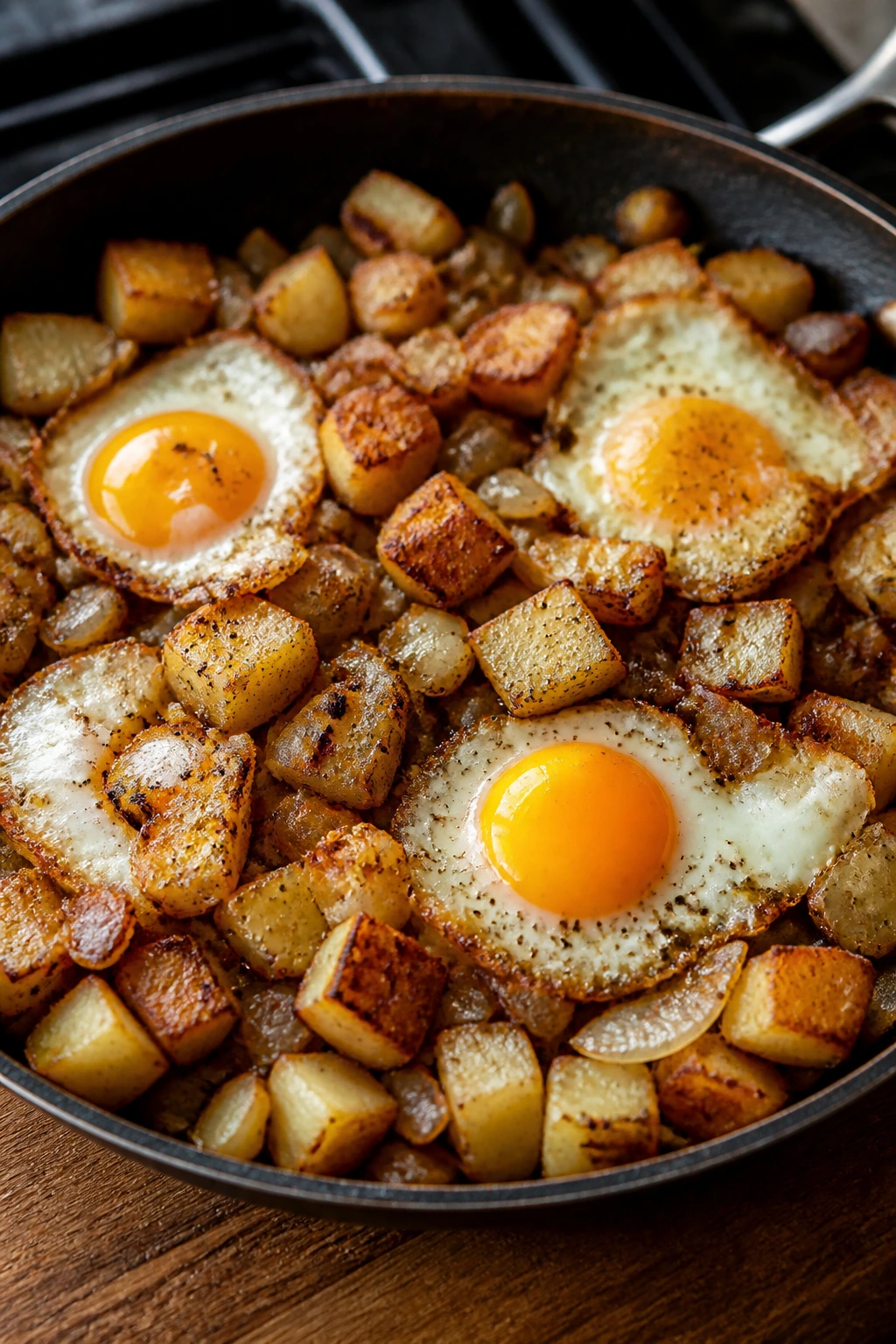 Close-up of potato hash with eggs in a skillet on a kitchen counter