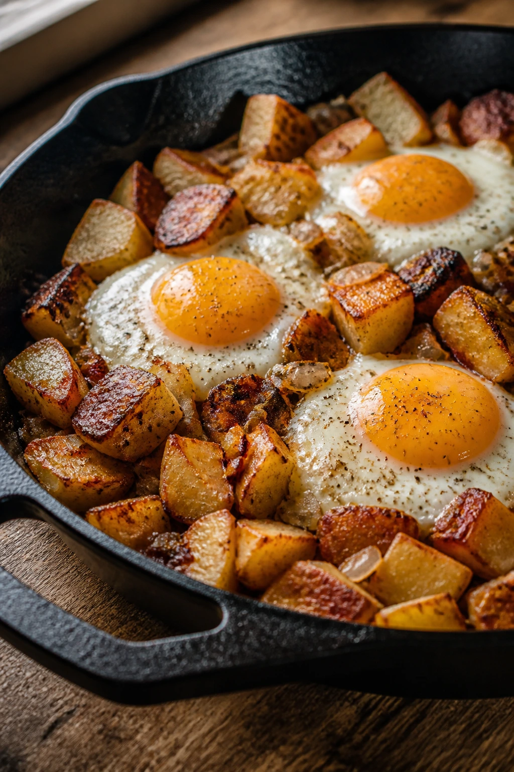 Close-up of crispy potato onion hash with eggs in a skillet, golden edges, warm kitchen light