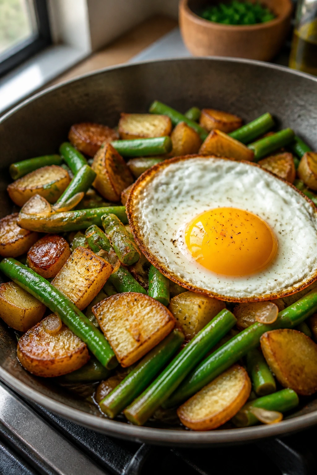 Hash with crispy potatoes and green beans topped with a fried egg