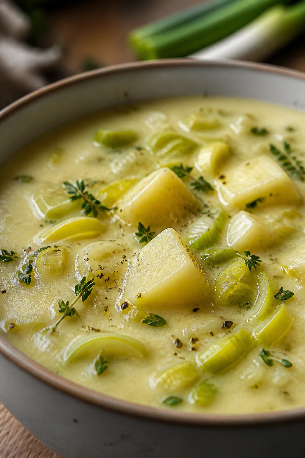 Velvety potato leek chowder with leeks in a bowl
