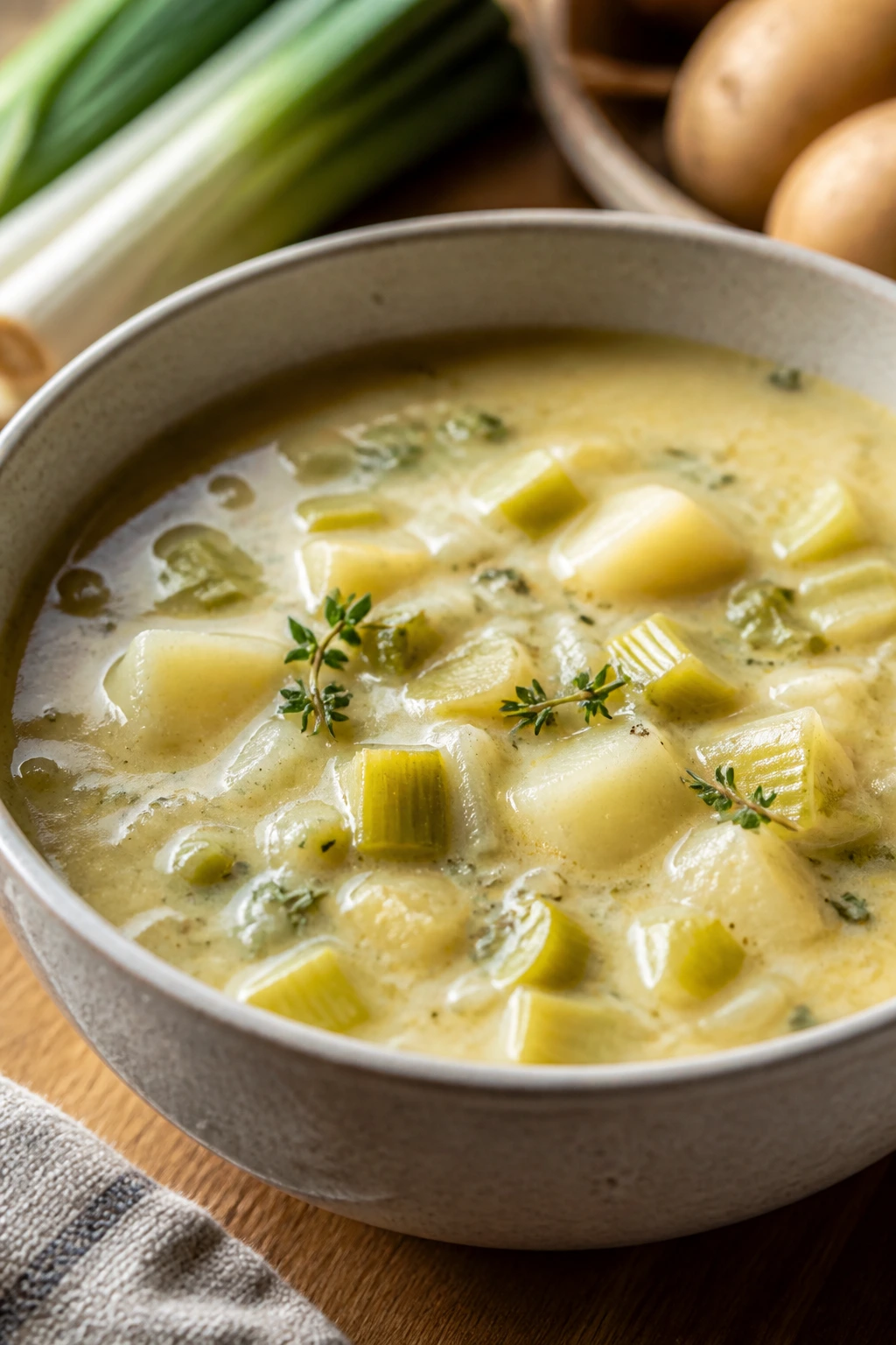Creamy potato leek chowder with leeks in a bowl