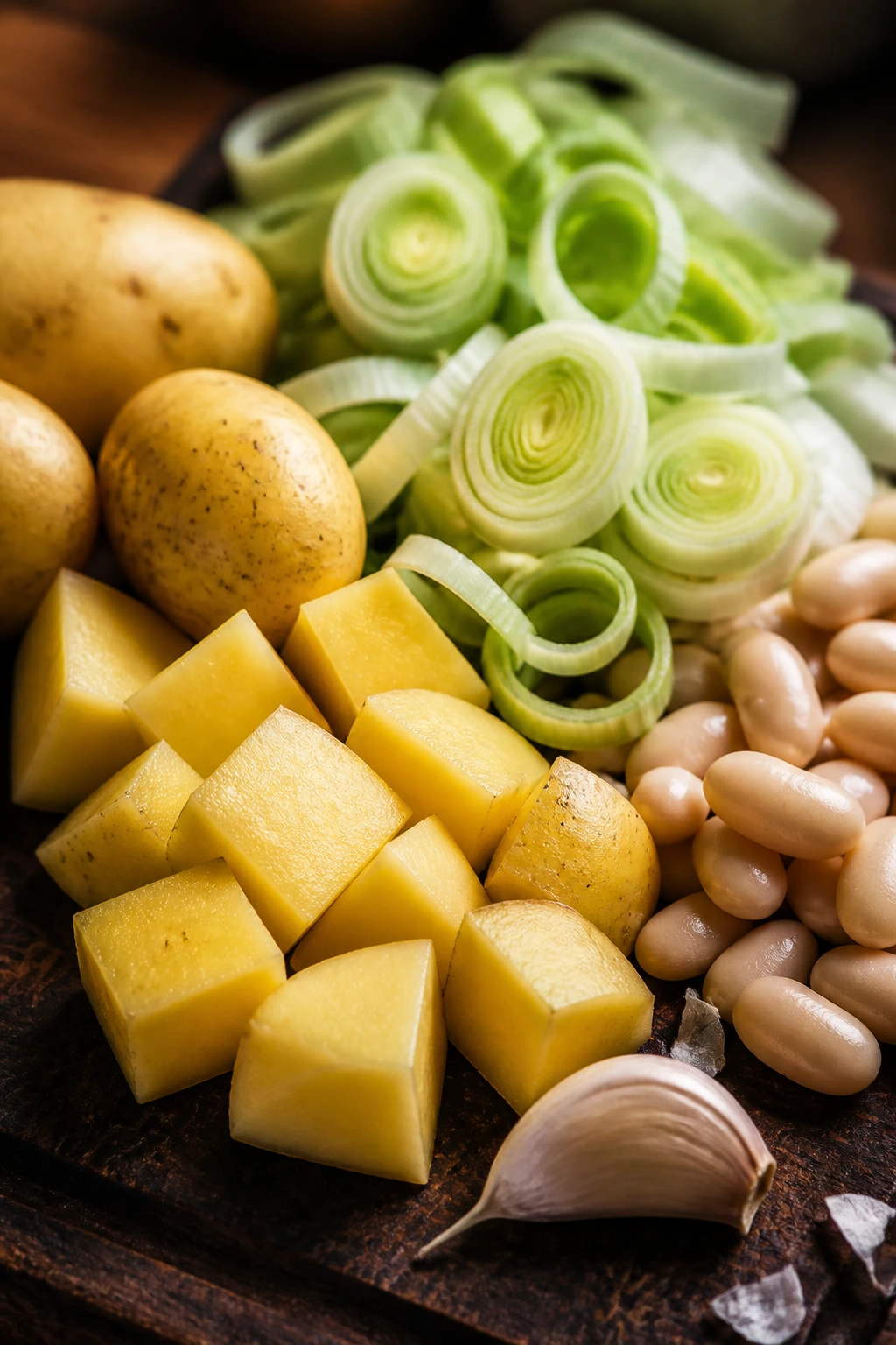Close-up of potato, leek, garlic, and beans on a dark board showing texture and color
