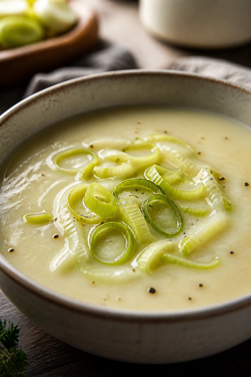Creamy potato leek soup in a bowl with leek ribbons