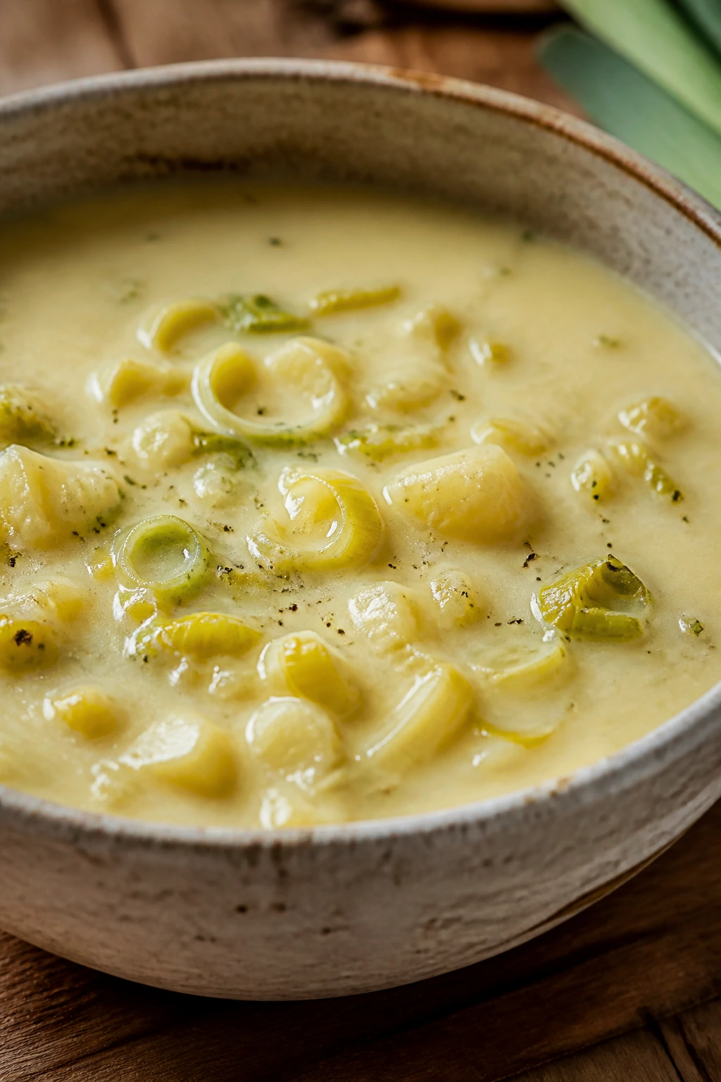 Creamy potato leek soup in a ceramic bowl