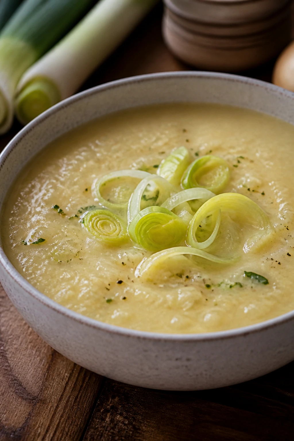 Pale potato leek soup in a rustic kitchen