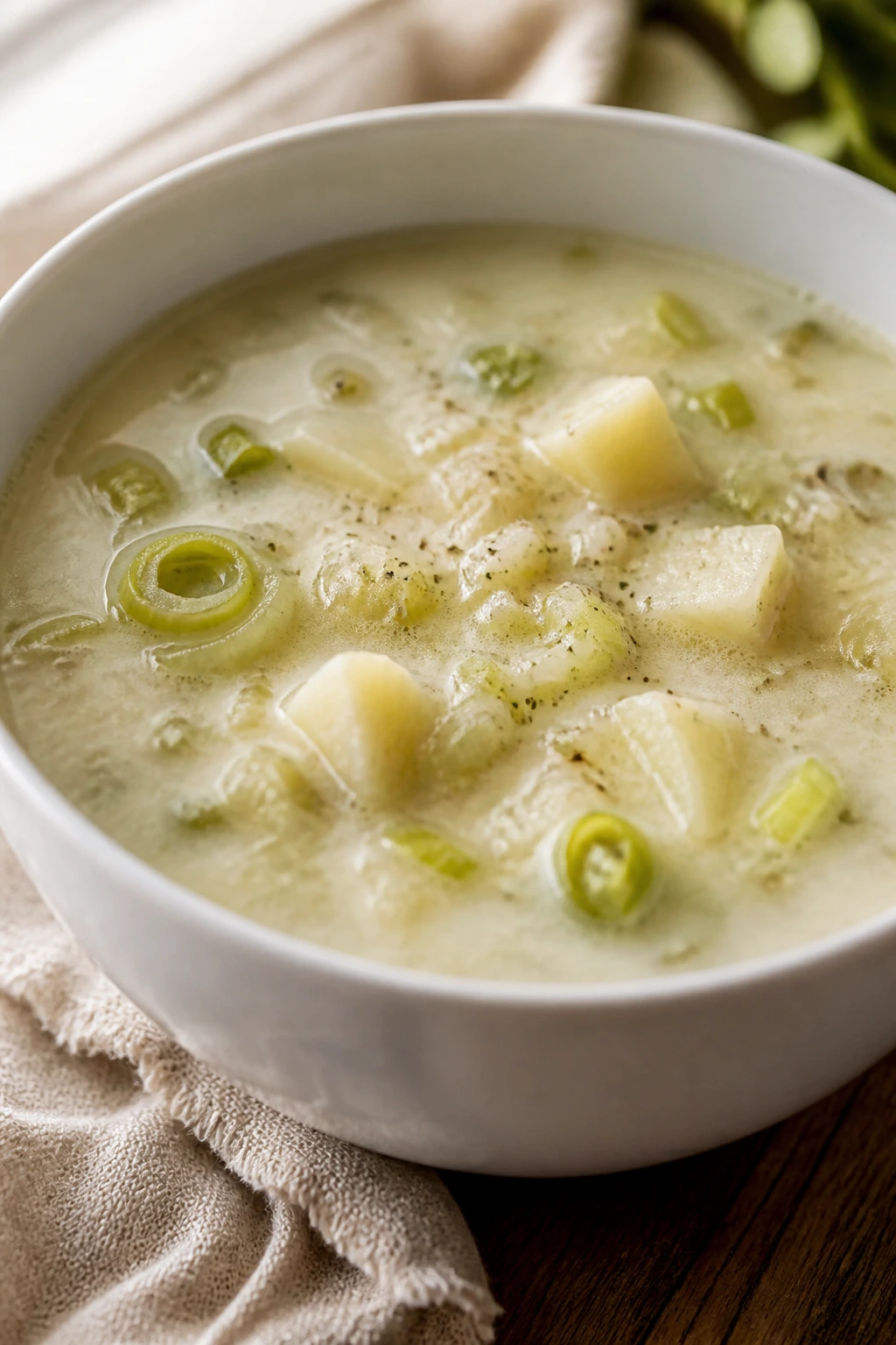 Potato leek soup in a white bowl on a rustic table