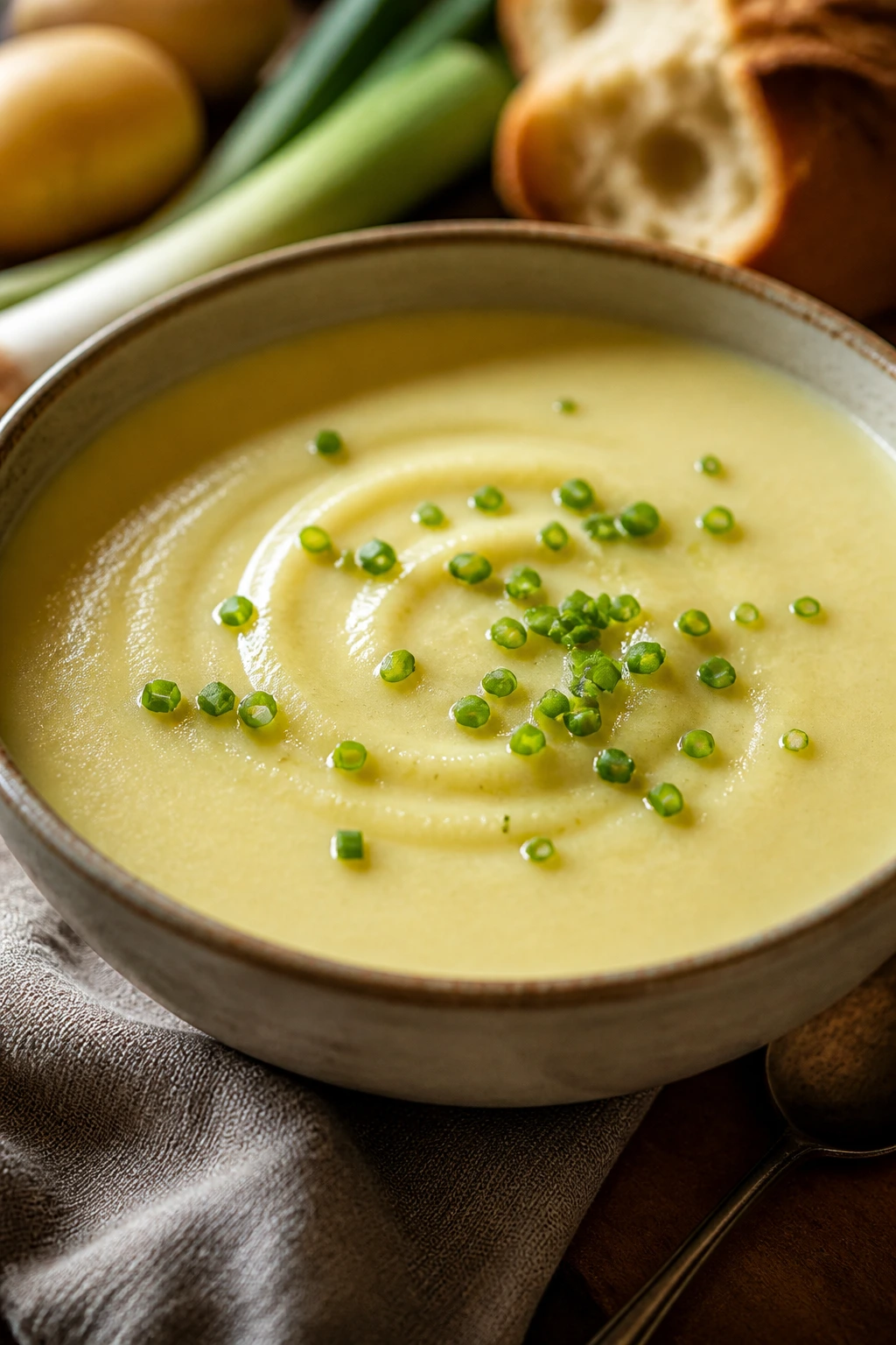 Creamy potato leek soup in a bowl with chives
