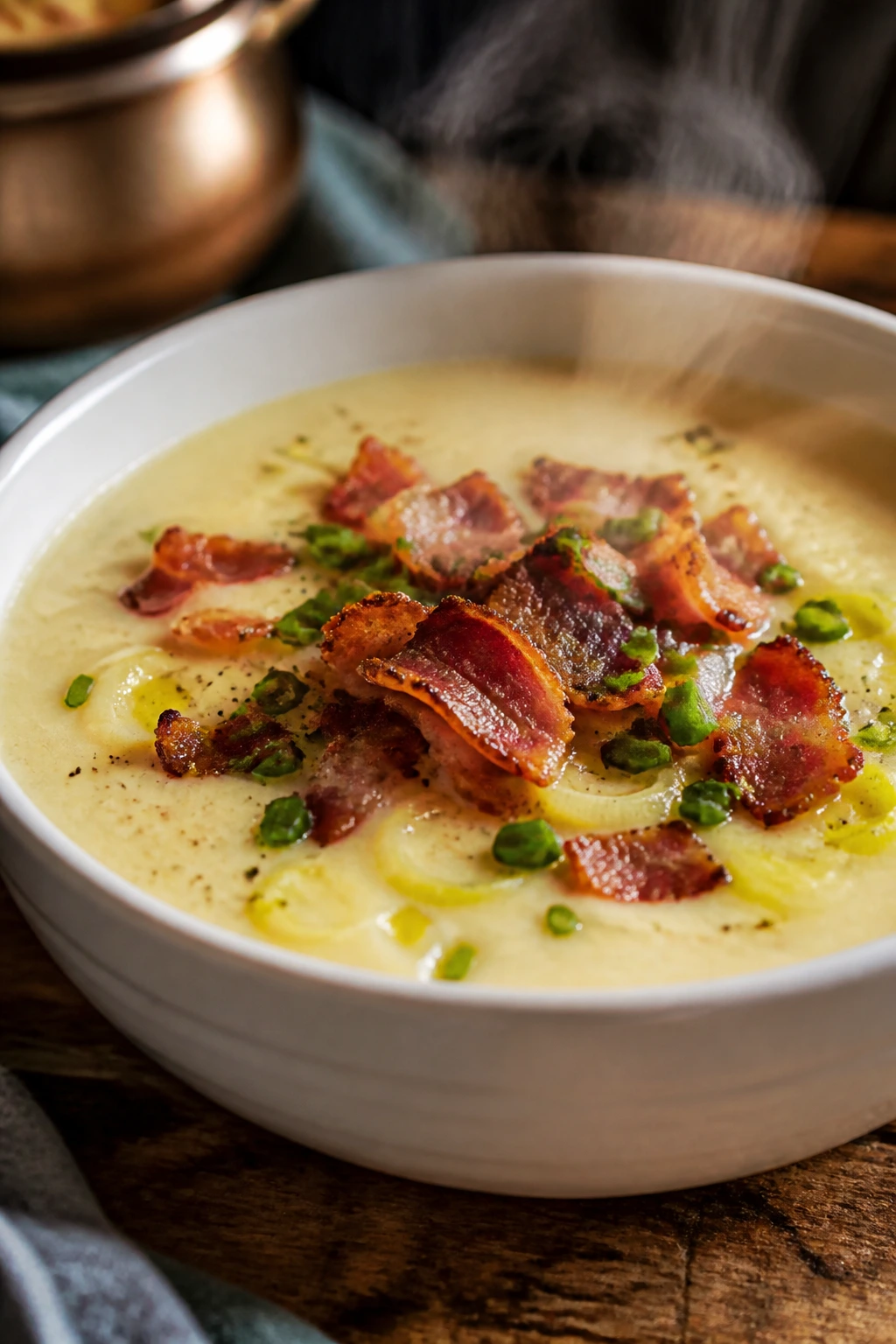 Creamy potato leek soup with crispy bacon in a bowl.