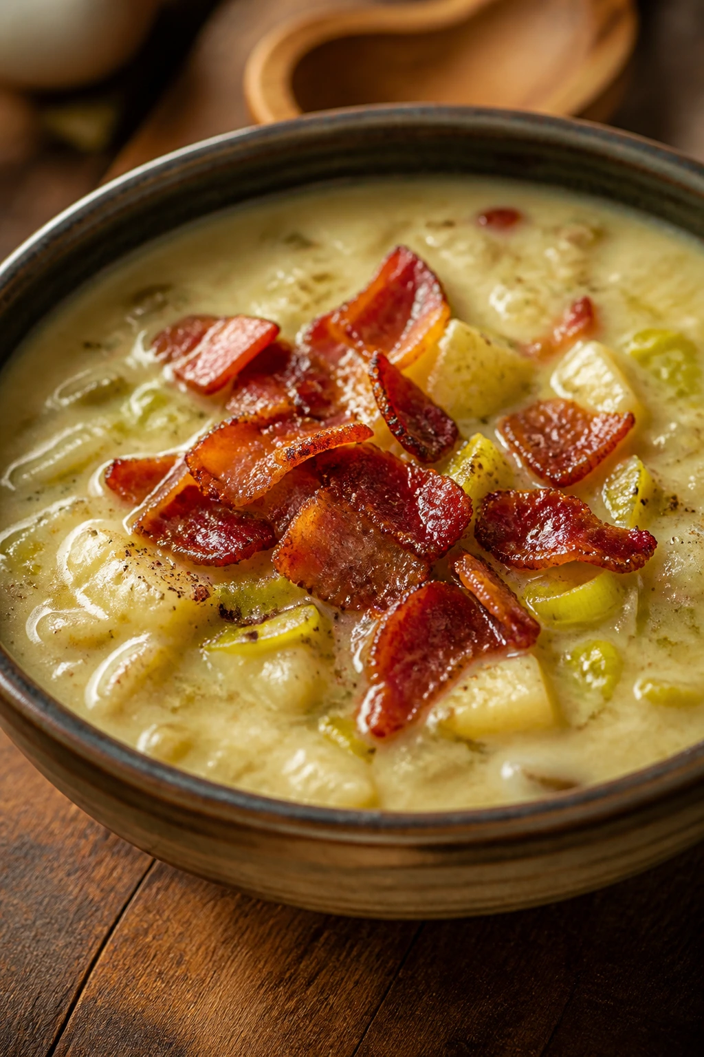 Creamy potato leek soup in a deep bowl with crispy bacon on top