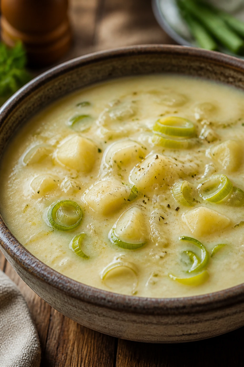 Creamy potato leek soup in a rustic bowl with leek ribbons