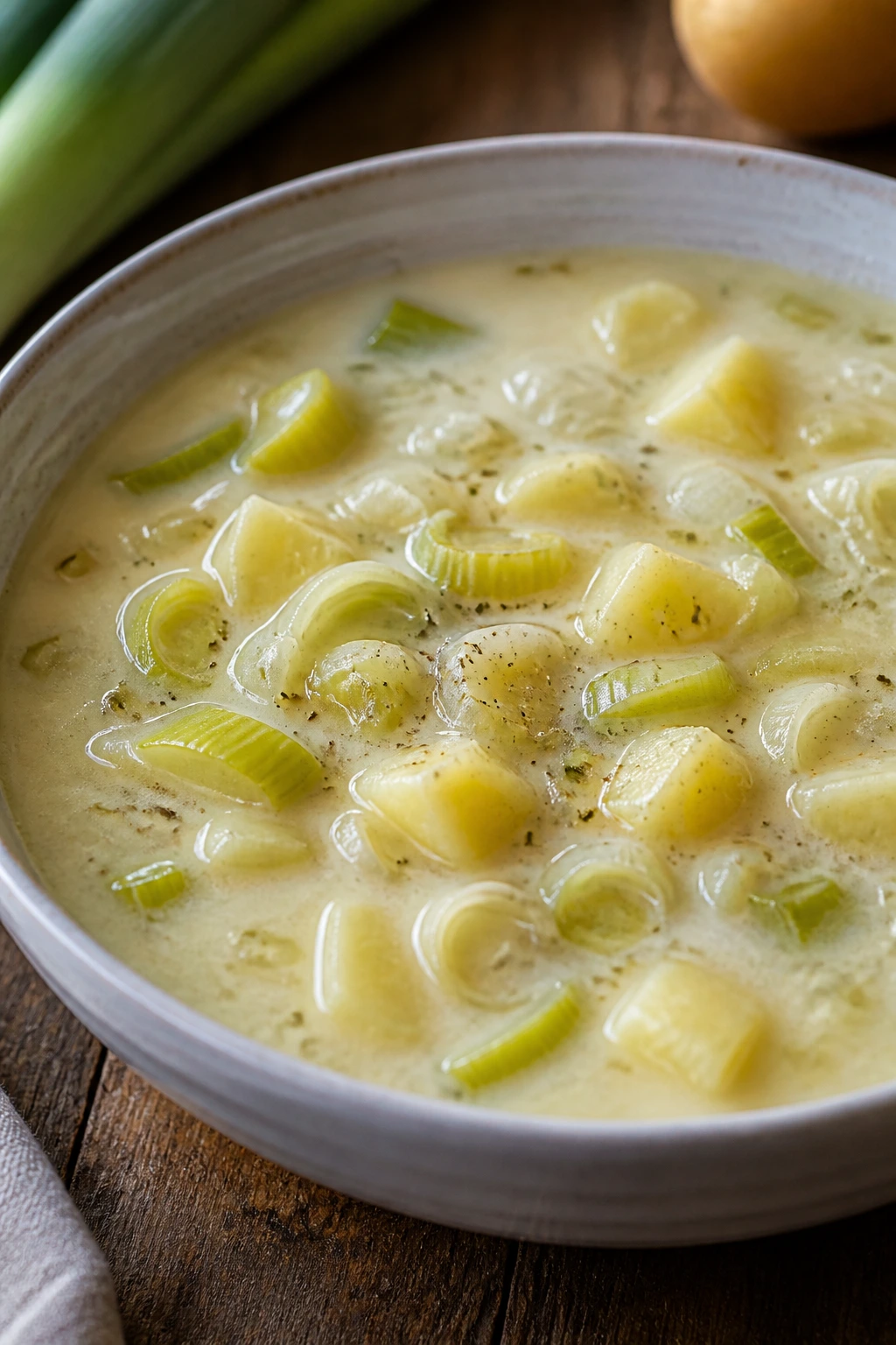 Close-up of creamy potato leek soup in a bowl with leek and potato visible