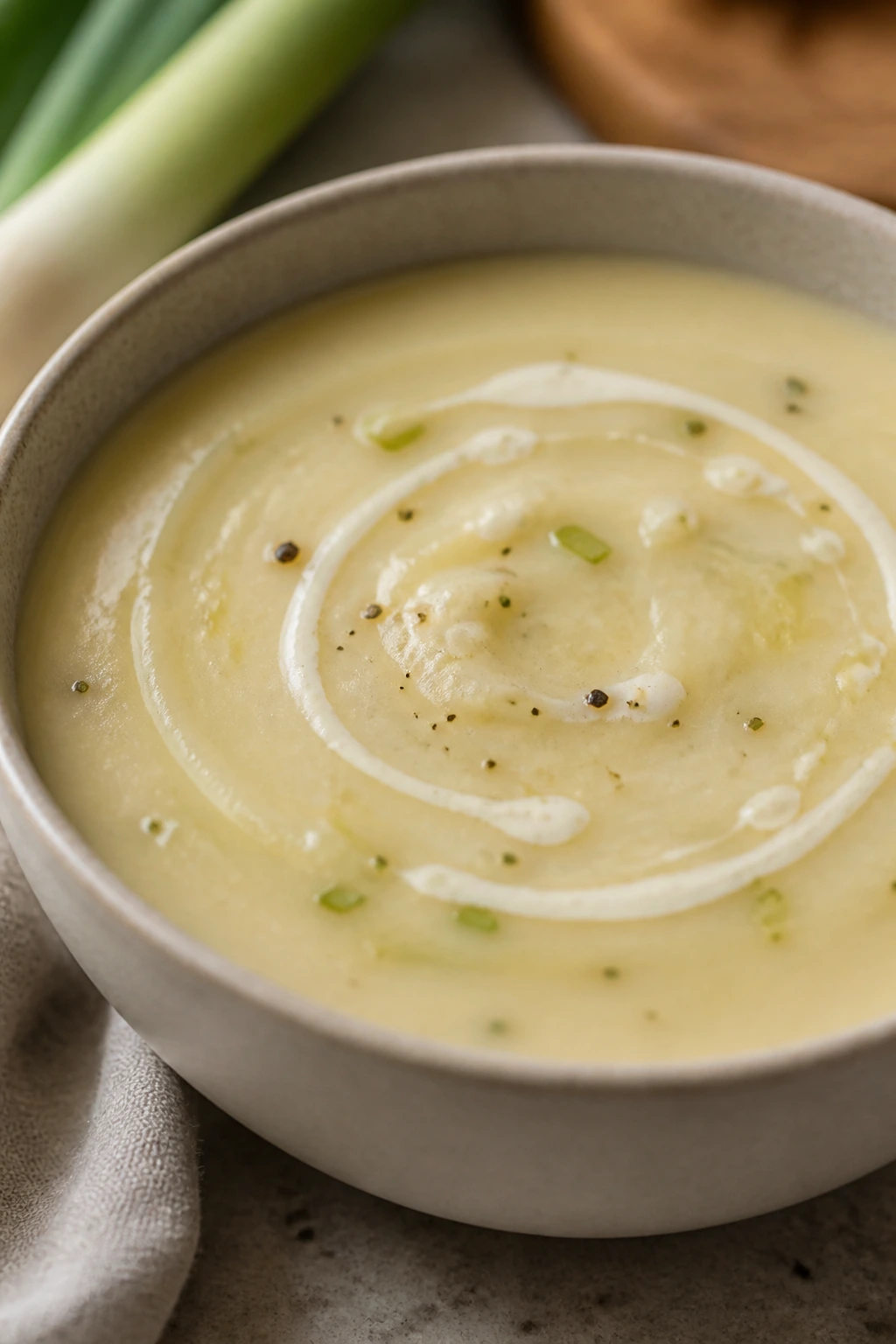 Silky potato leek soup in a bowl on a kitchen counter