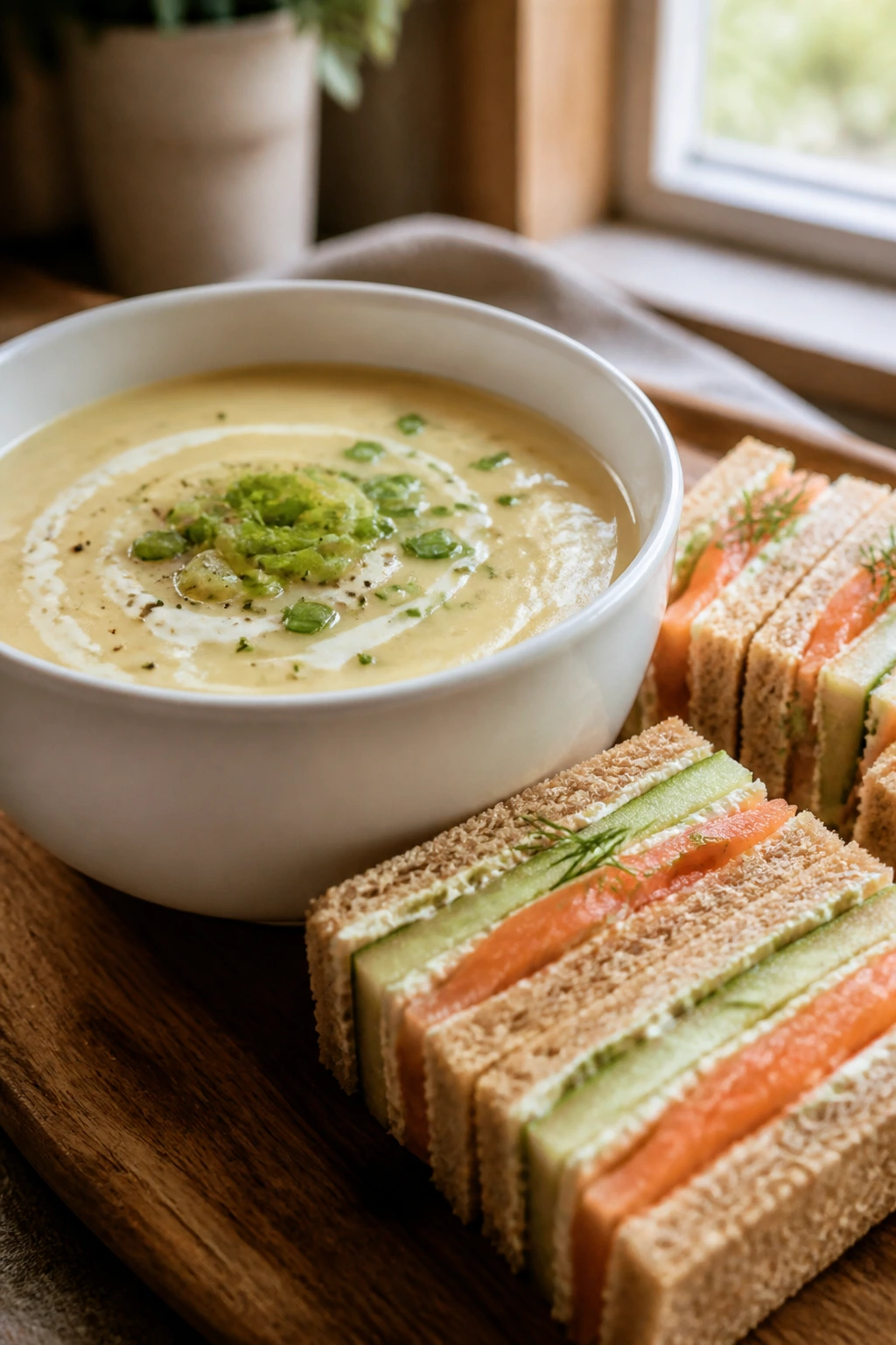 Potato leek soup with smoked salmon cucumber sandwiches on a wooden board
