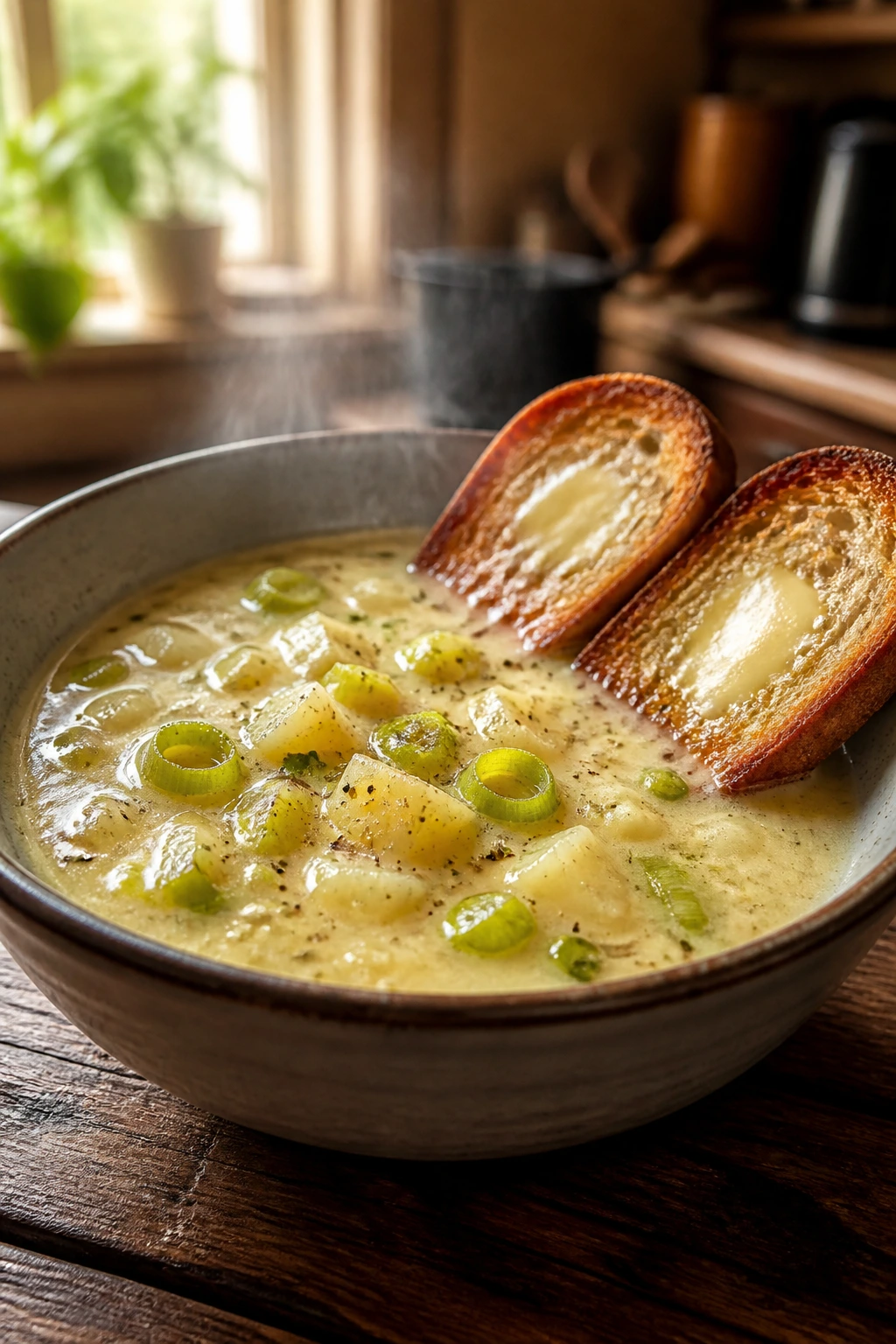 Close-up of potato leek soup in a bowl with buttered toast on a rustic wooden table