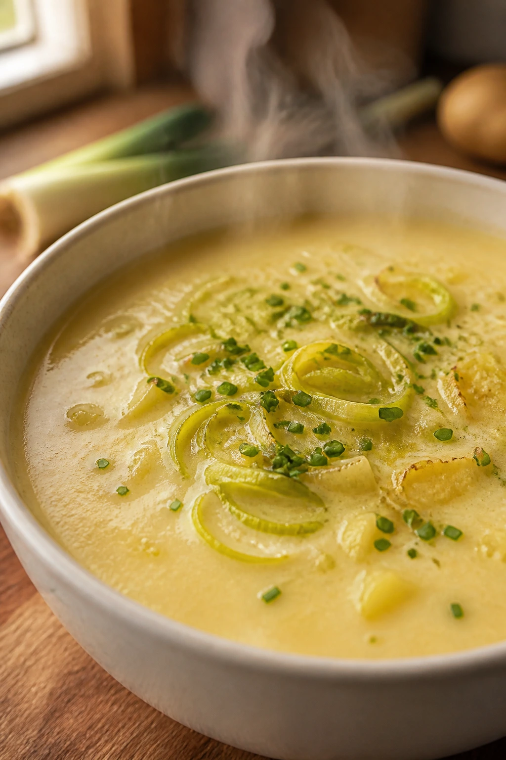 Close-up of velvety potato leek soup in a bowl with leek garnish, cozy kitchen backdrop