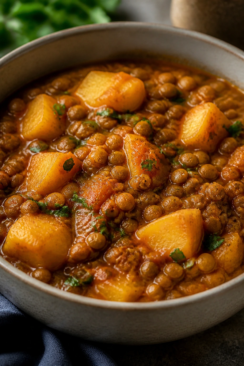 Bowl of potato lentil curry with potatoes and lentils