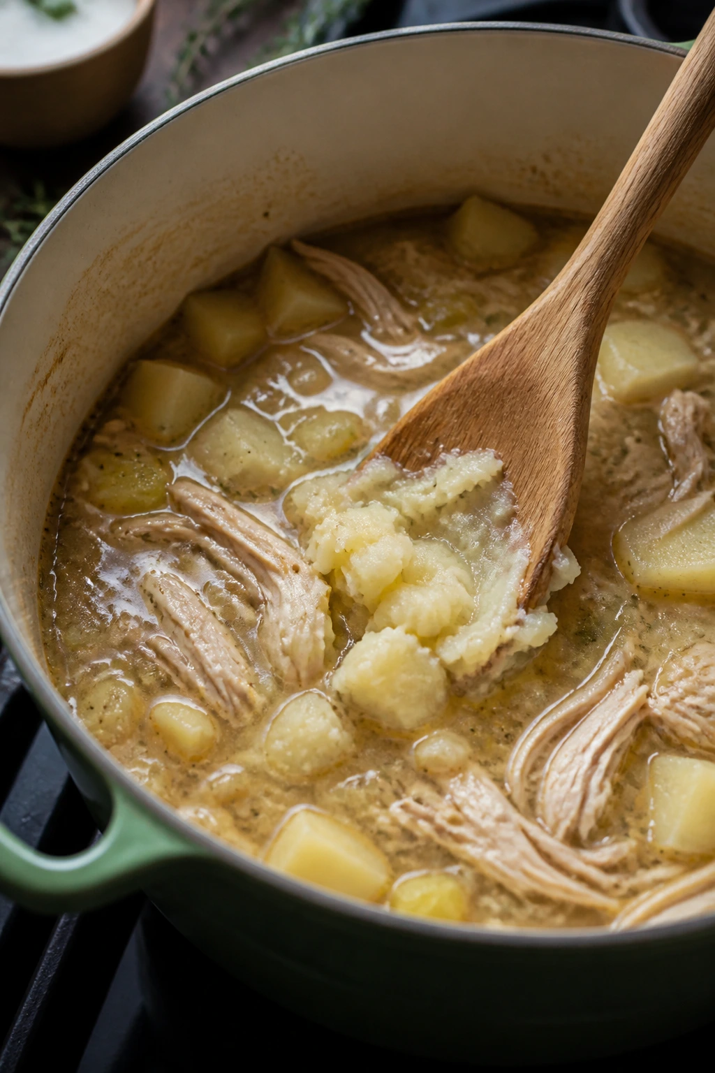 Pot with potatoes being mashed to enrich sour soup texture