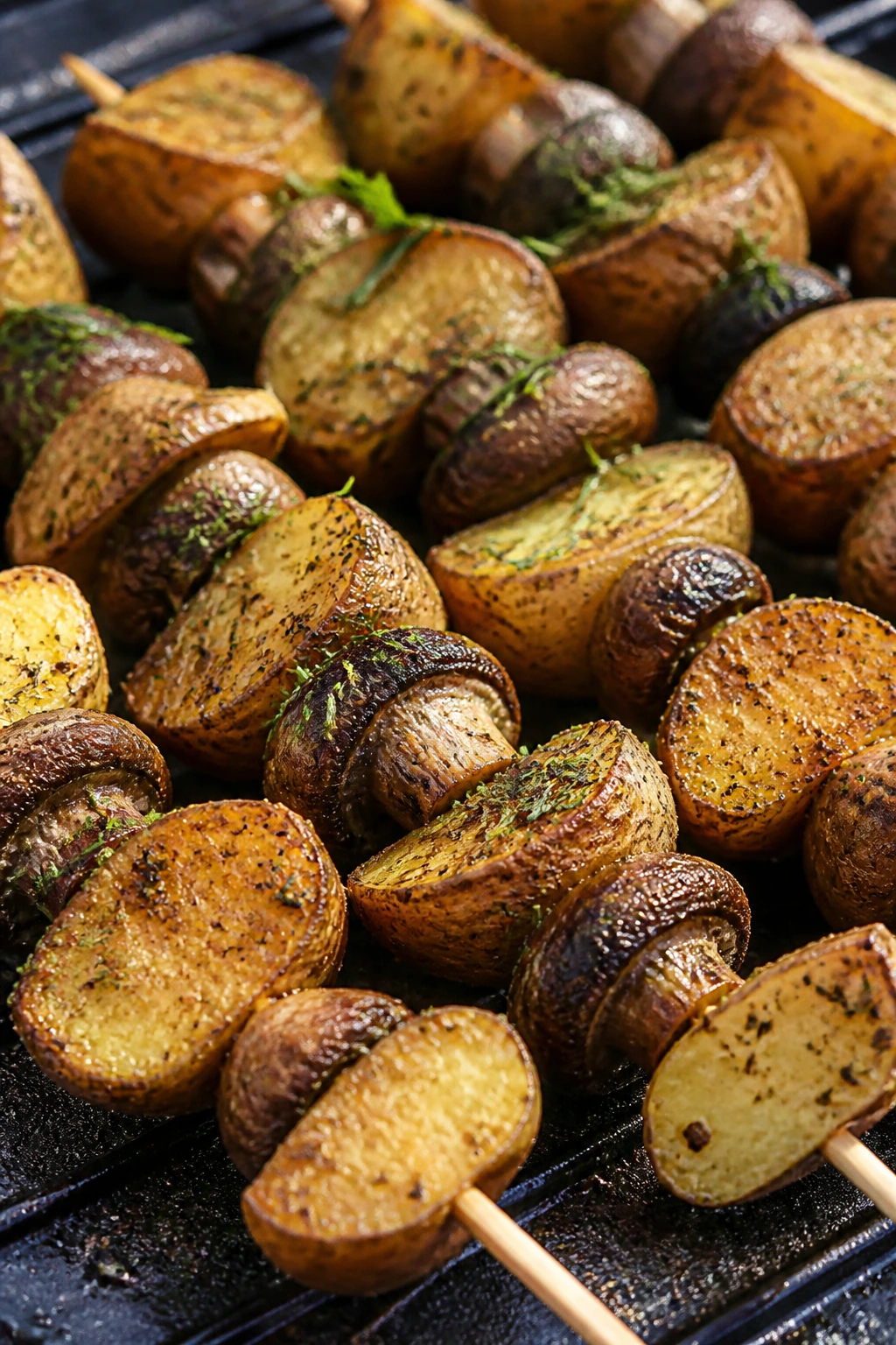 Close-up of ranch-spiced potato and mushroom skewers on a grill