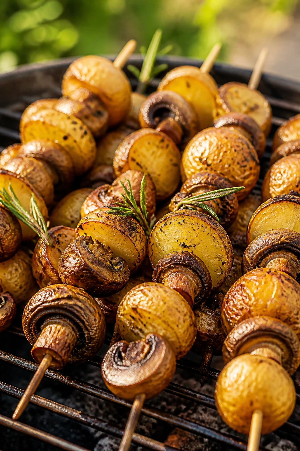 Close-up rosemary potato and mushroom skewers on grill