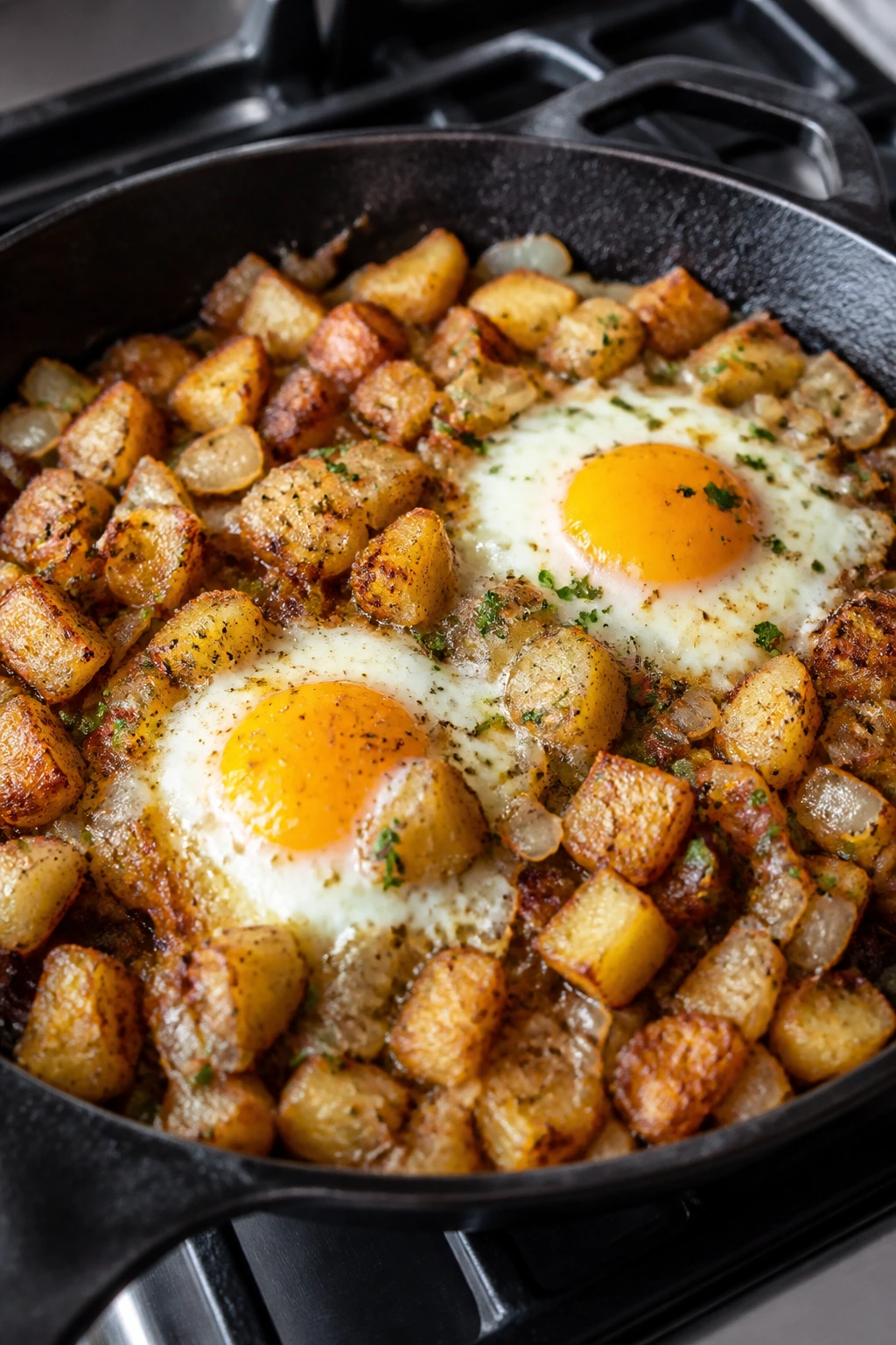 Skillet hash with potatoes, onions, and eggs filling the frame