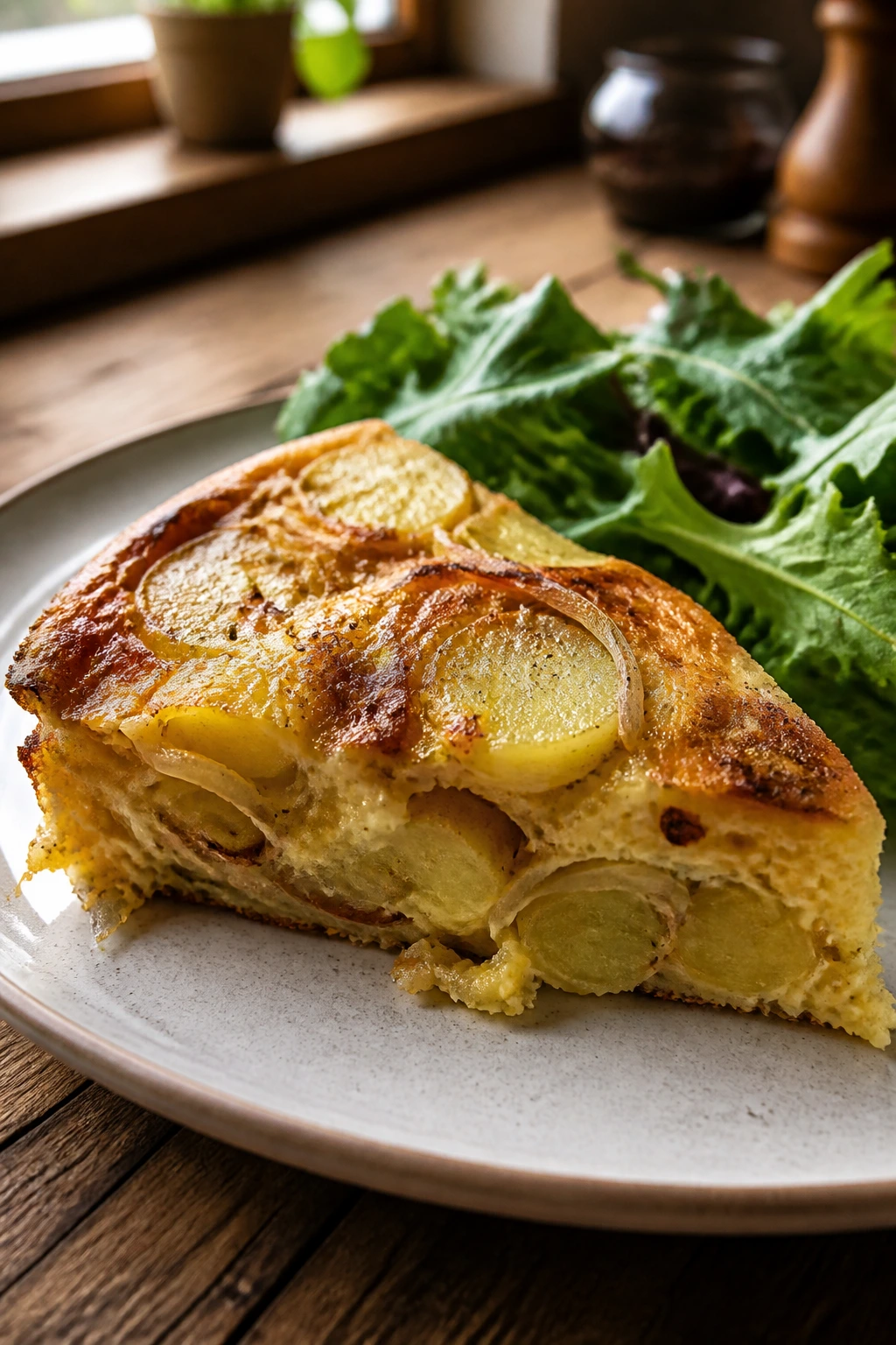 Slice of potato and onion frittata on plate