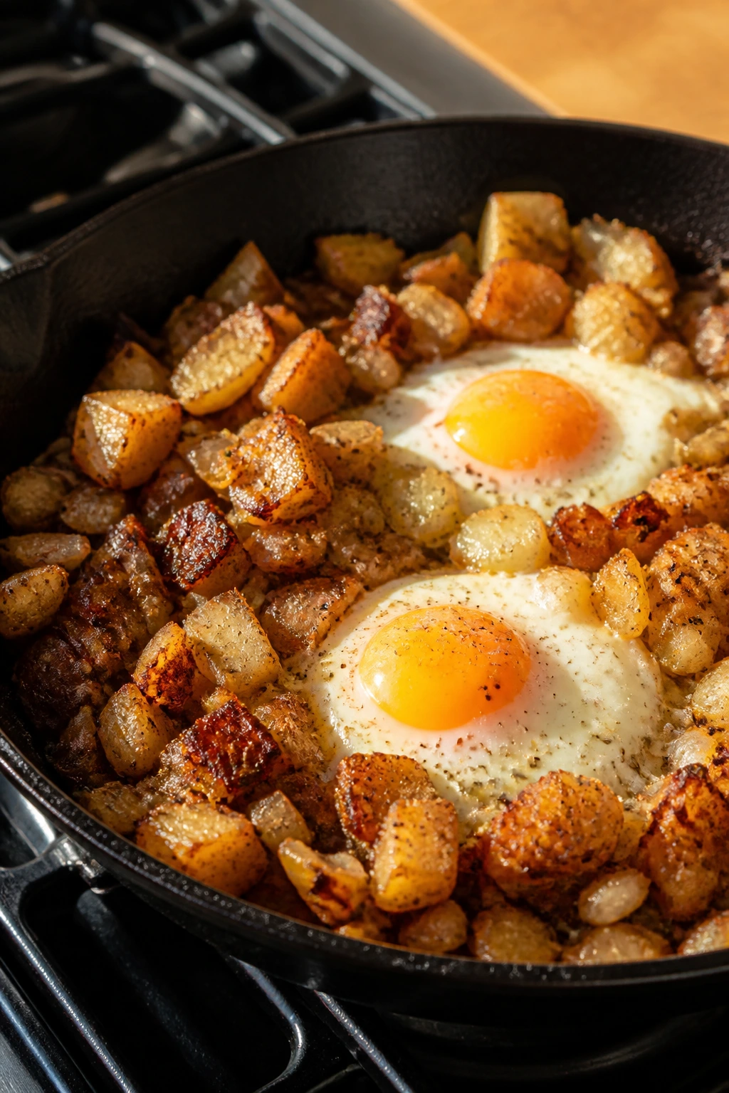 Crispy potato onion hash with eggs in a skillet