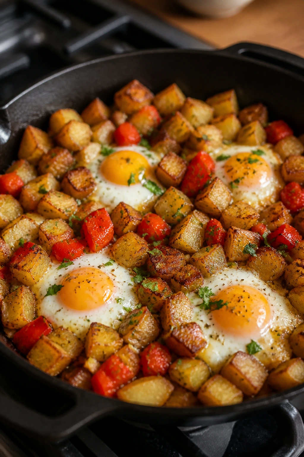 Hash with potatoes, peppers, and eggs in a skillet