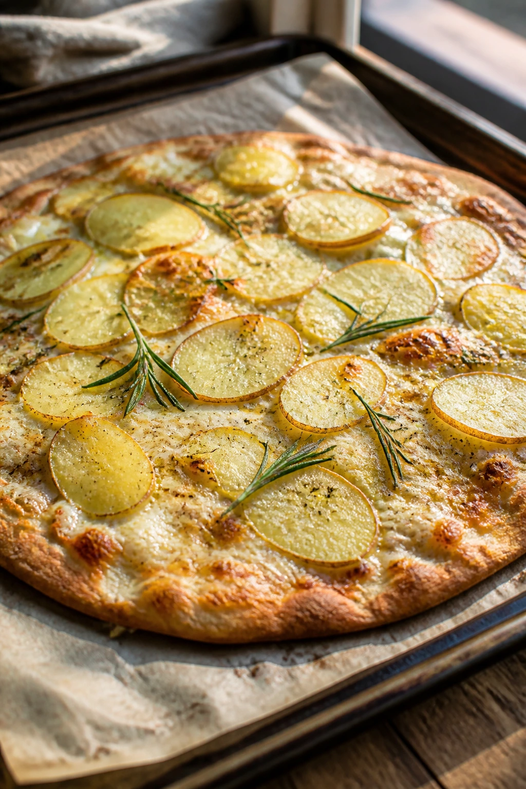 Close-up of Potato, Rosemary, and Parmesan Pizza on parchment