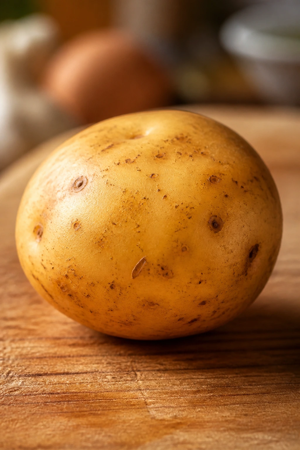 Close-up of a Yukon Gold potato on a wooden surface