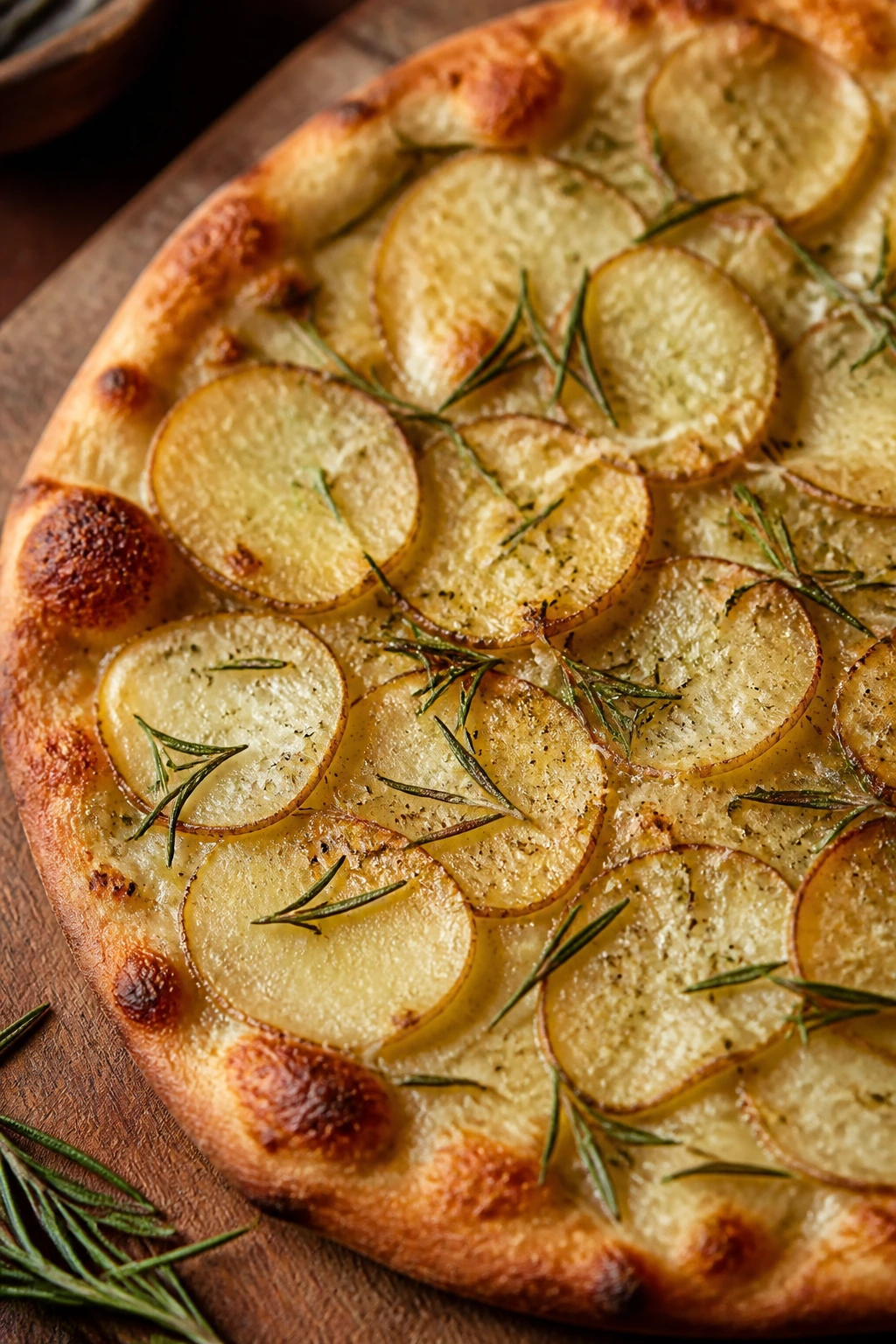 Close-up potato rosemary pizza