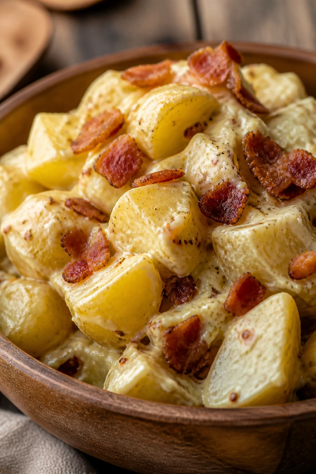 Close-up of bacon-Dijon potato salad in a rustic bowl outdoors