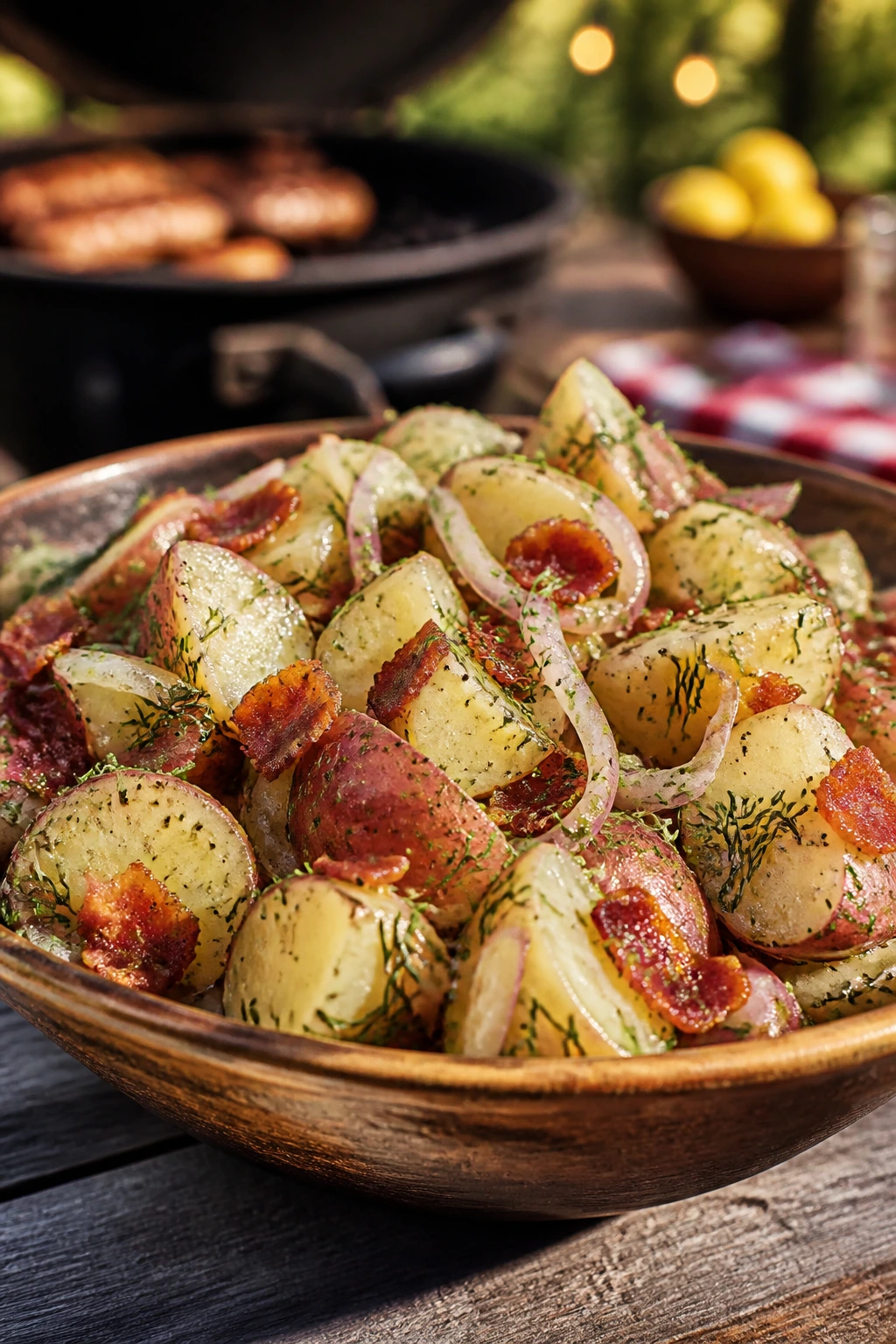 Warm potato salad with bacon and dill in a rustic bowl