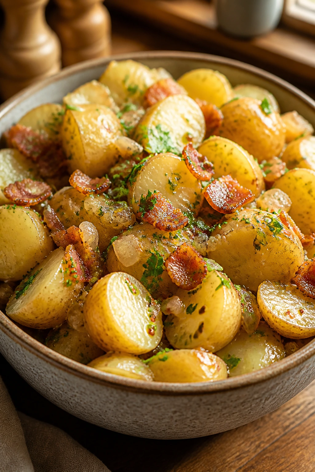 Close-up of German potato salad with bacon and mustard in a rustic bowl