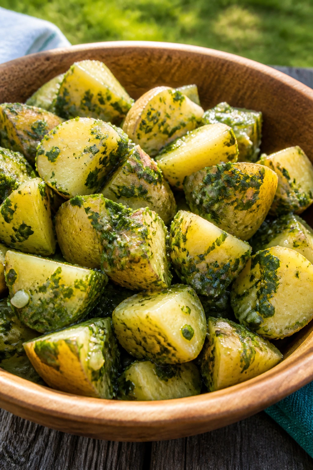 Chimichurri potato salad in a wooden bowl on a picnic table outdoors