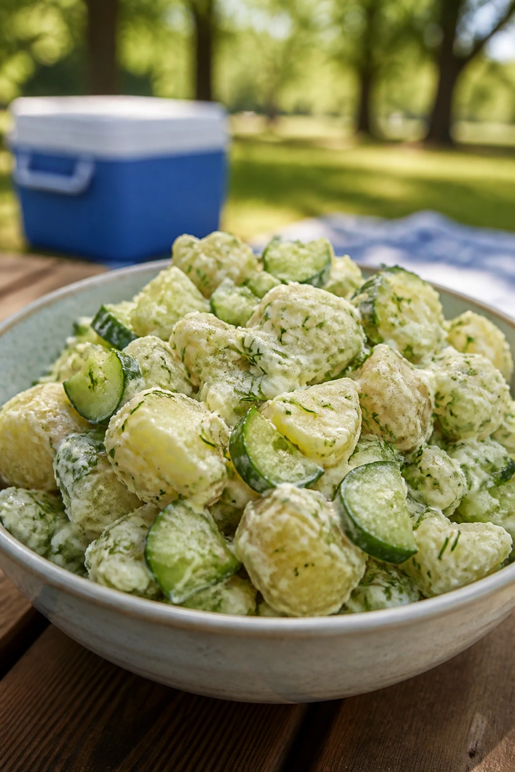 Cucumber-dill potato salad in a bowl on a picnic table outdoors