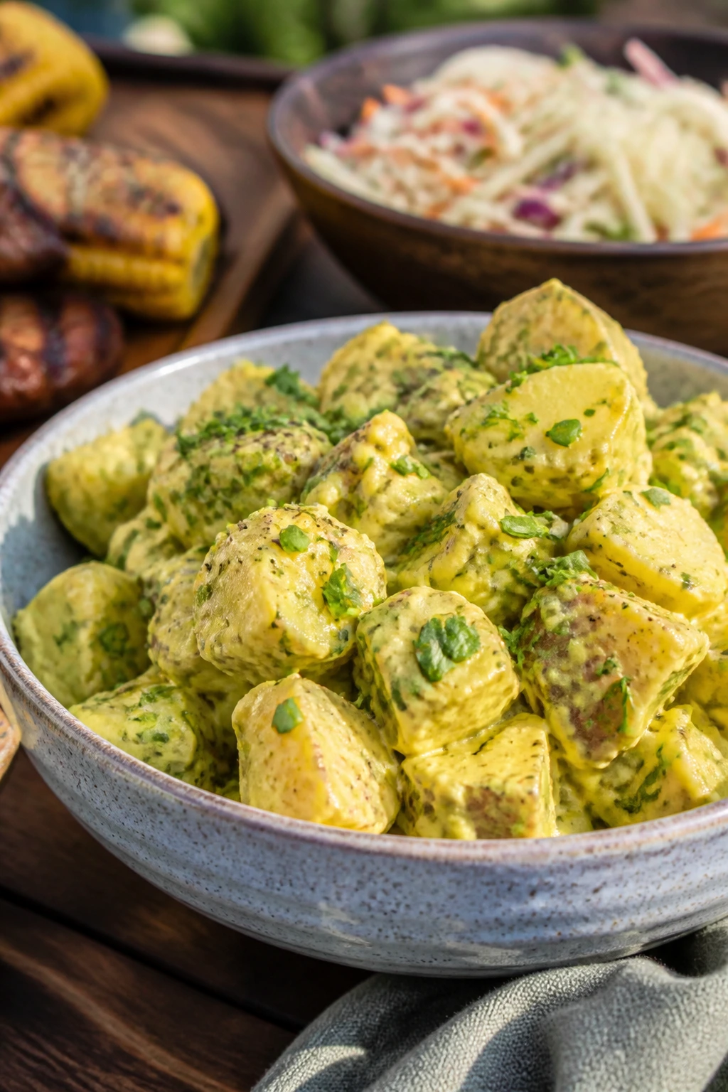 Mustard potato salad with herbs on a wooden table in a backyard setting.