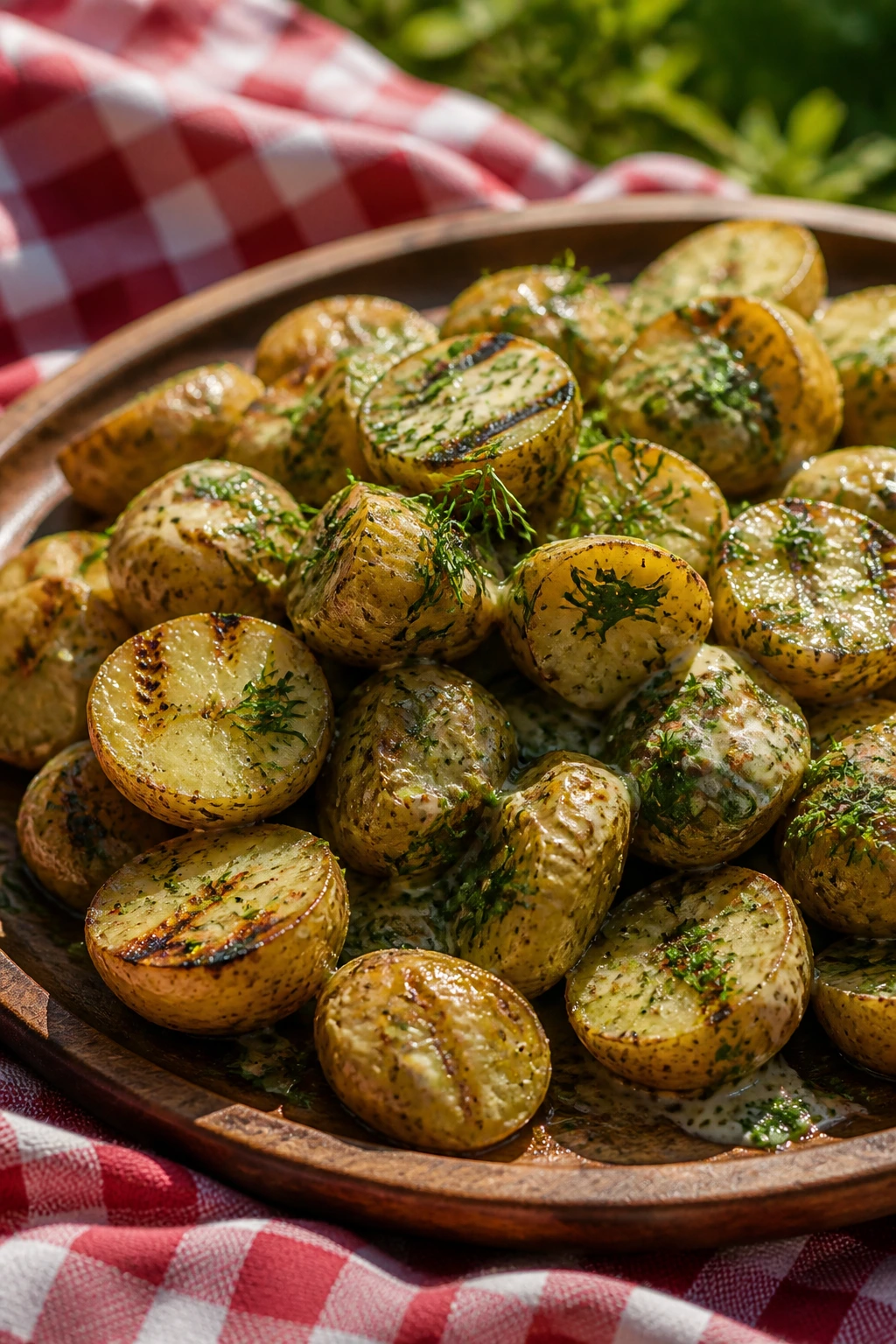 Warm grilled potato salad with Dijon vinaigrette on a rustic platter outside