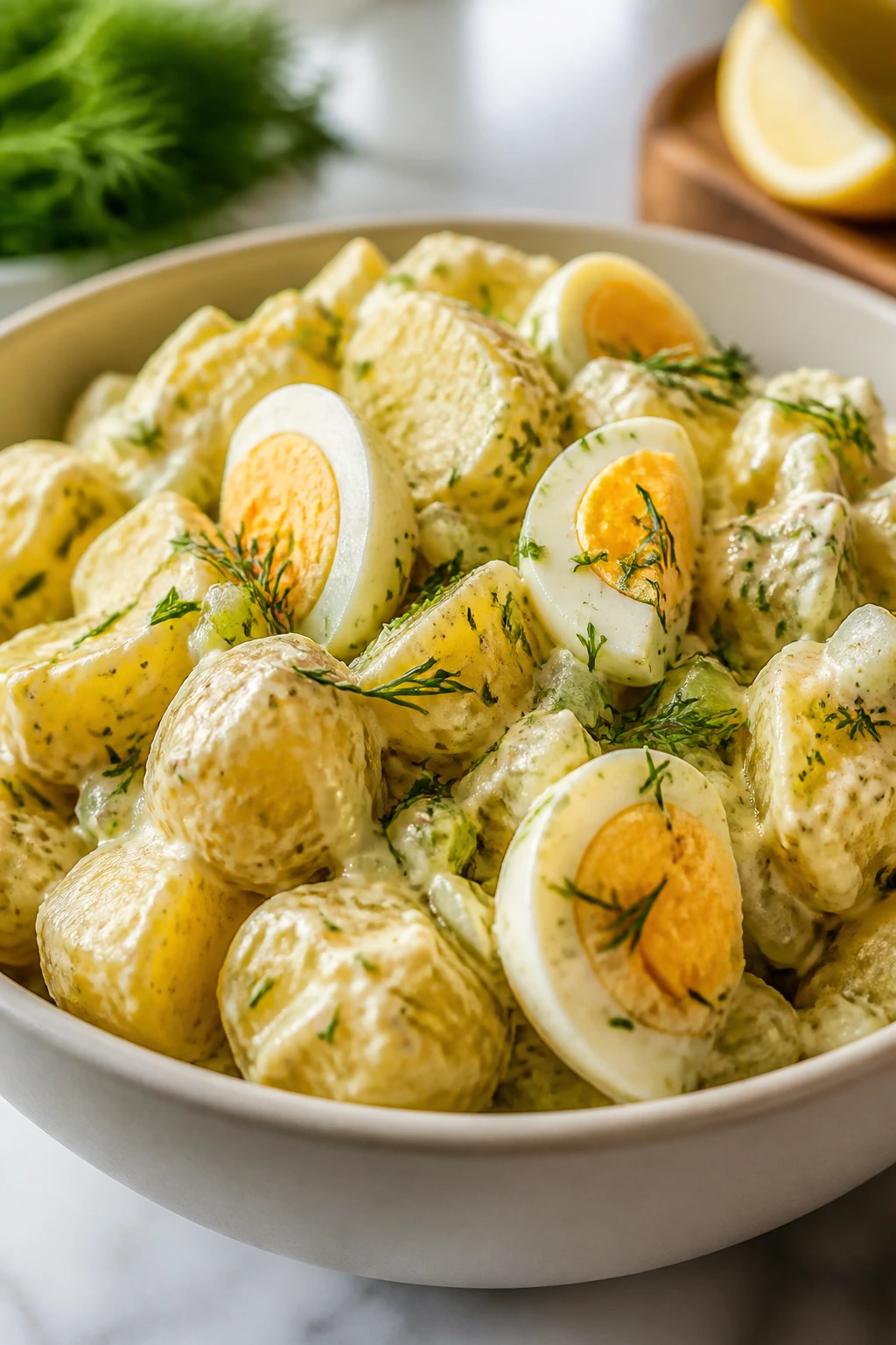 Creamy potato salad with dill and mustard in a bowl