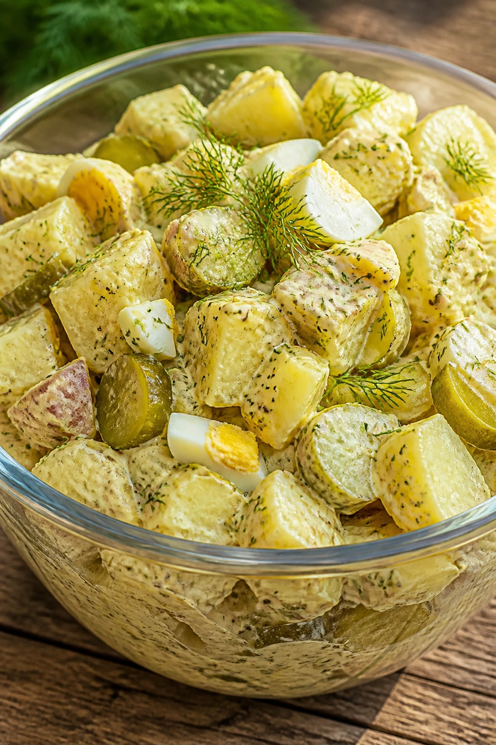 Close-up of dill mustard potato salad in a bowl for picnic