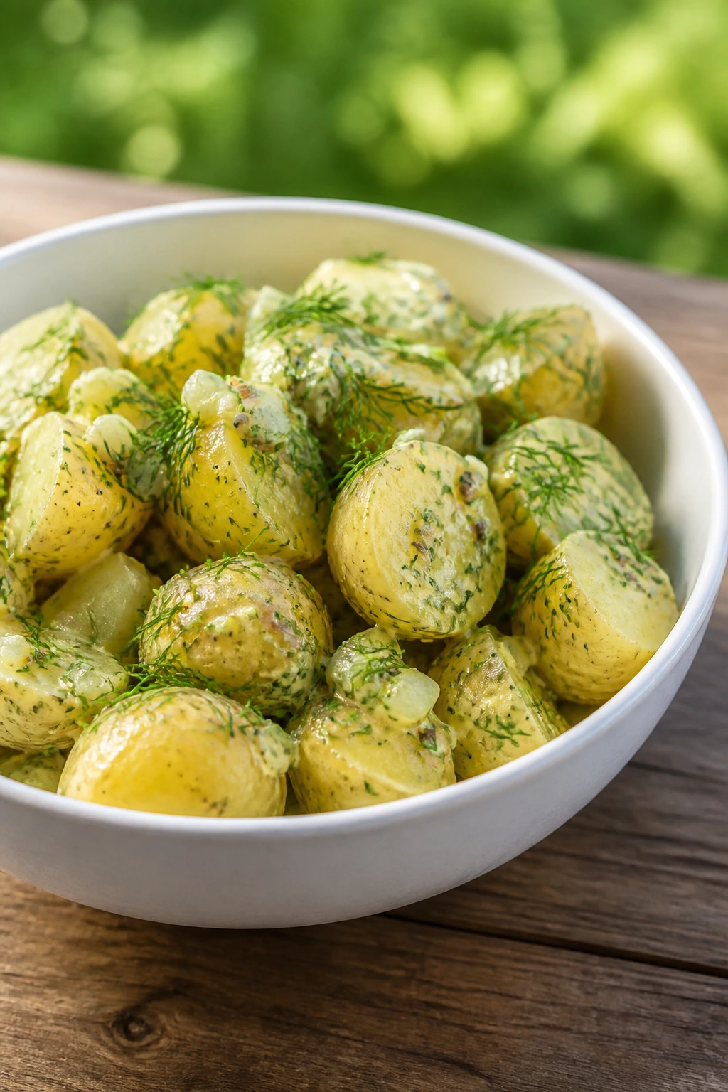 Bright potato salad with dill in a bowl on a picnic table