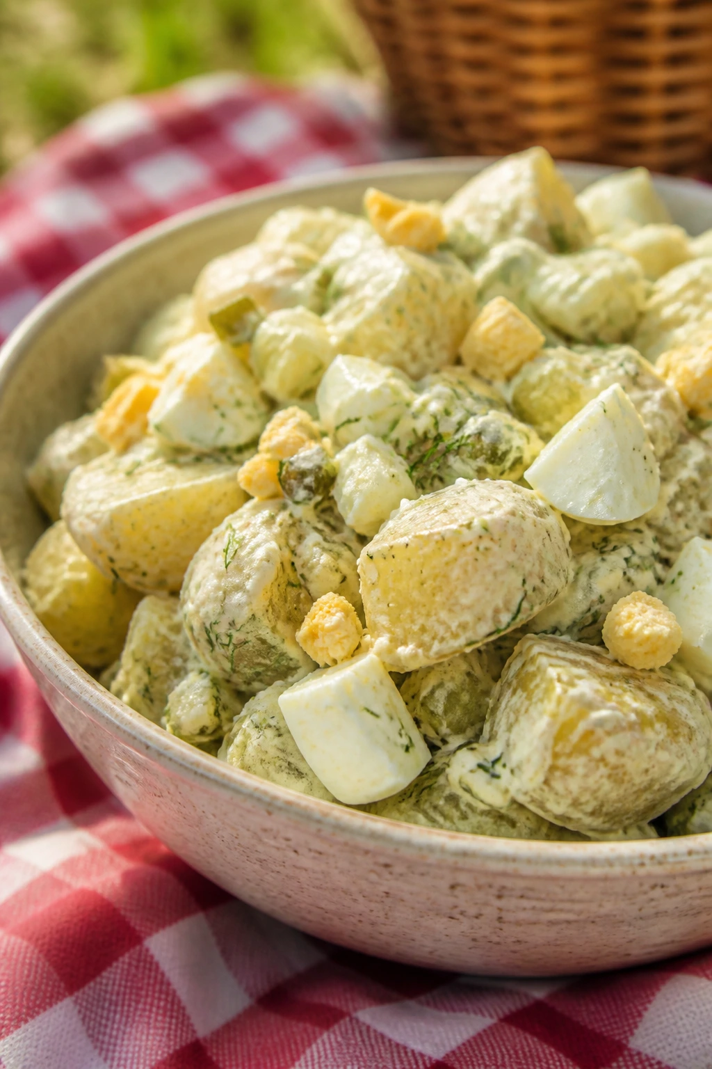 Creamy dill potato salad with eggs in a bowl on a grass picnic blanket