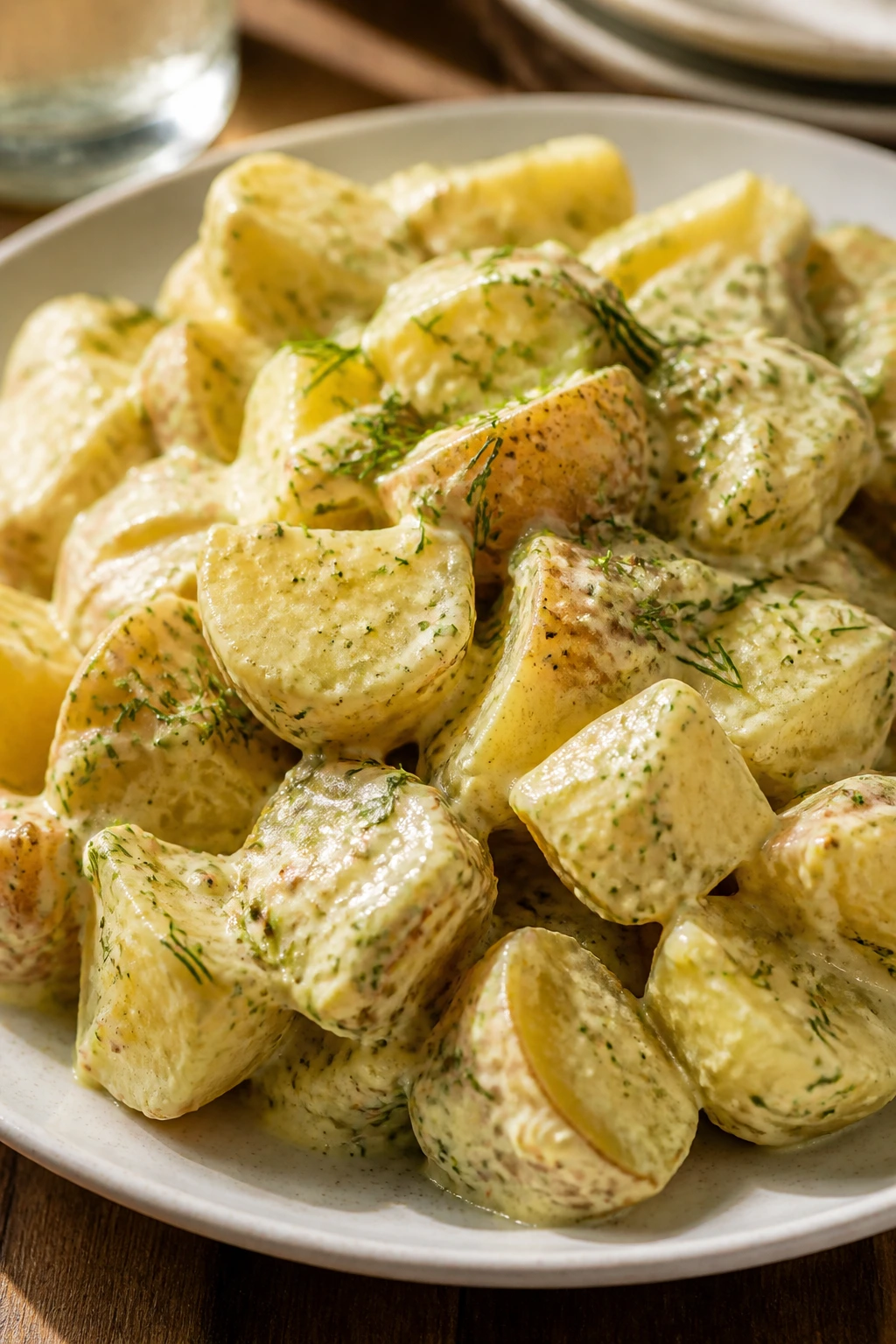 Creamy potato salad with mustard-dill dressing on a plate