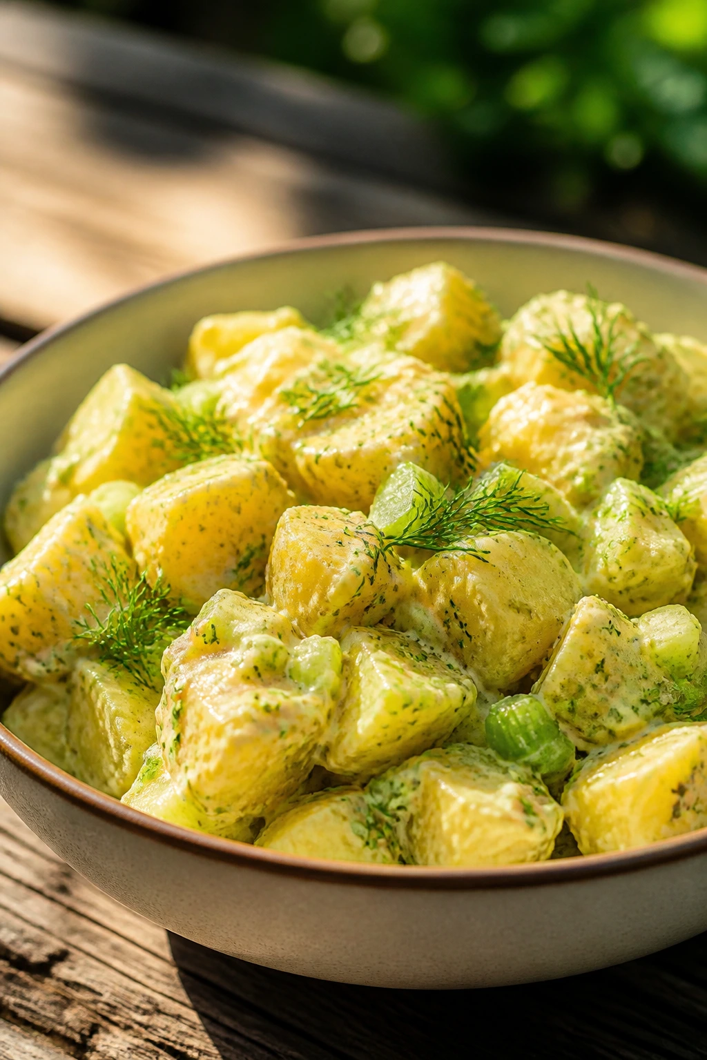 Close-up of mustard-dill potato salad in a bowl on rustic table