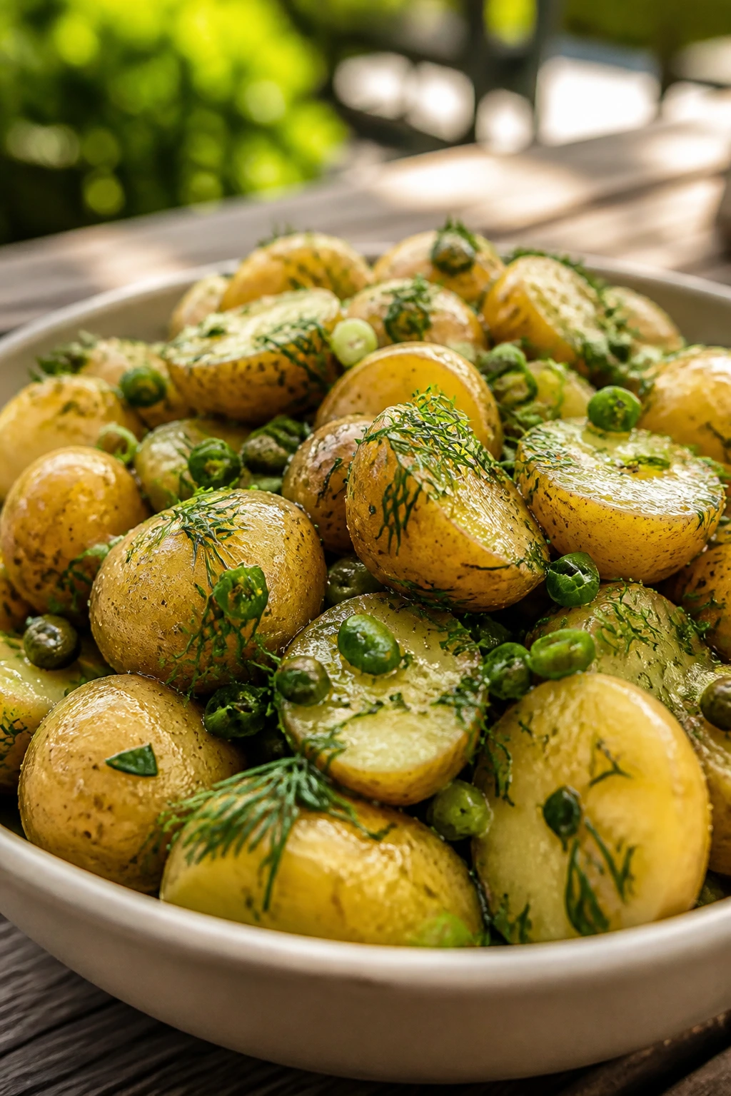 Close-up of no-mayo potato salad in a bowl on a sunny picnic table
