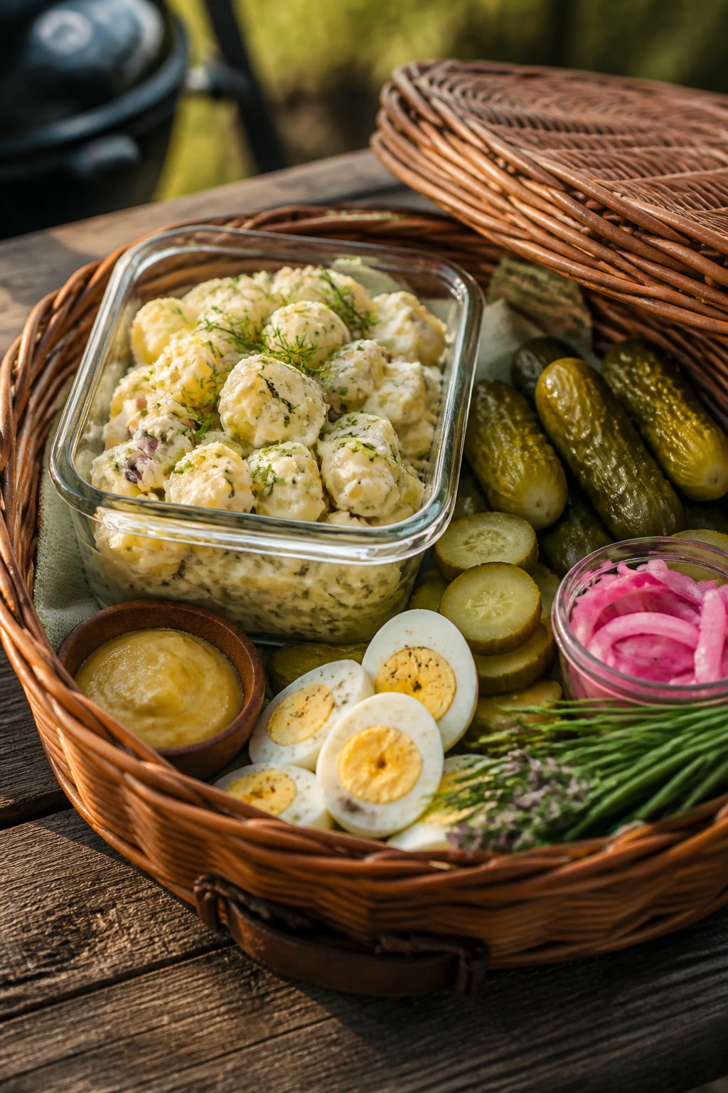 Potato salad and pickle basket on an outdoor table