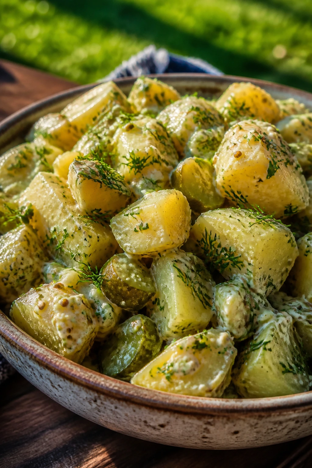 Creamy potato salad with pickles and dill herbs in a rustic bowl on a sunny picnic table